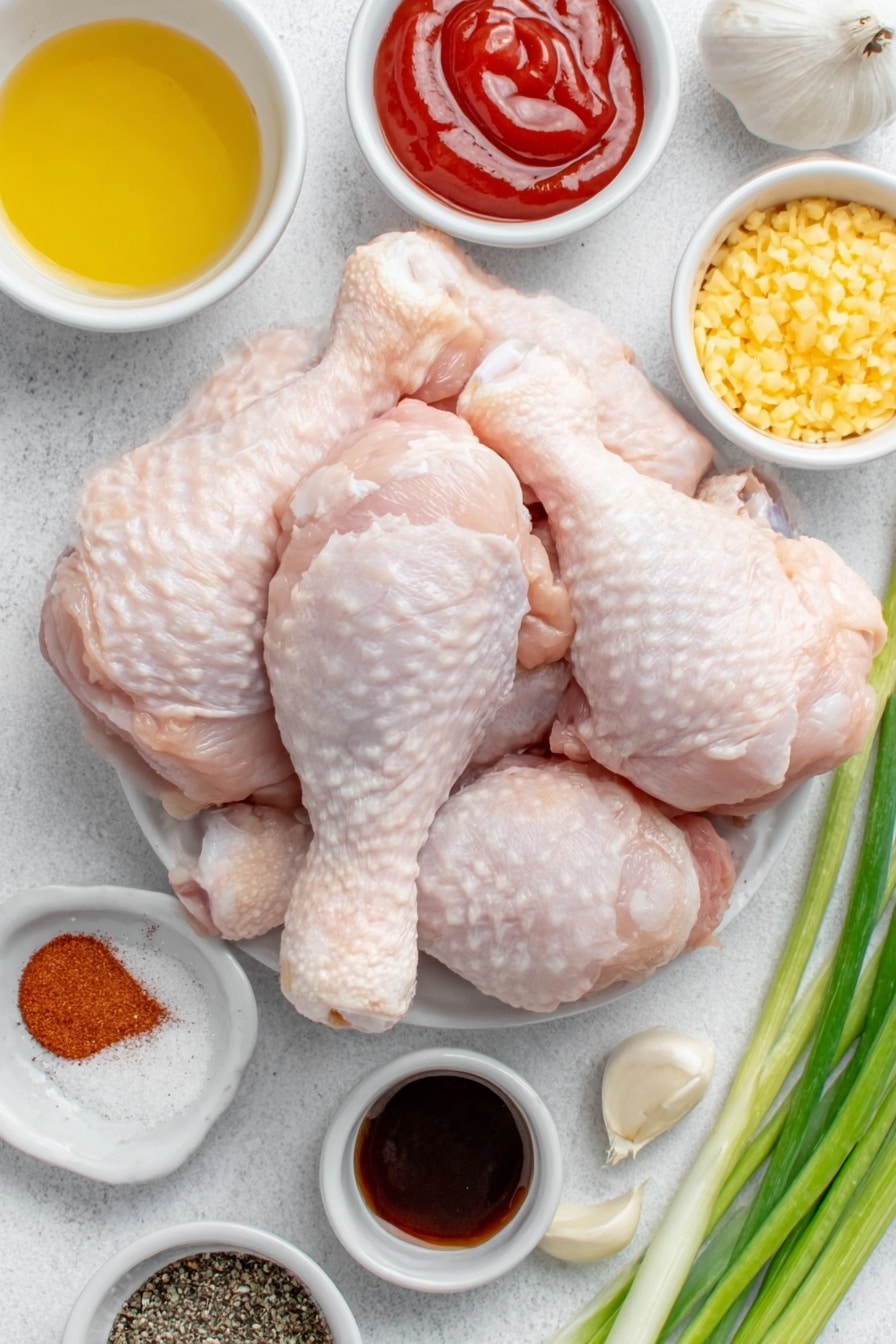 Flat lay of two pounds of fresh raw chicken drumsticks with clean skin, a small white ceramic bowl of bright red ketchup, a small white ceramic bowl of dark cola soda, a small white ceramic bowl of golden honey, three whole garlic cloves unpeeled, a small white ceramic bowl of amber apple cider vinegar, a small white ceramic bowl of smooth yellow Dijon mustard, a small white ceramic bowl of dark brown Worcestershire sauce, a small white ceramic bowl holding a mix of smoked paprika powder and onion powder, a small white ceramic bowl of freshly ground black pepper, a small white ceramic bowl of coarse kosher salt, a few thinly sliced vibrant green onions arranged neatly on a white ceramic plate, and a small white ceramic bowl of golden olive oil, all ingredients looking fresh and natural, perfectly arranged with balanced layout and symmetry, placed on a clean white marble surface, soft natural light, photo taken with an iPhone, professional food photography style, fresh ingredients, white ceramic bowls, no bottles, no duplicates, no utensils, no packaging --ar 2:3 --v 7 --p m7354615311229779997 - Baked BBQ Chicken Drumsticks, BBQ Chicken Drumsticks, Homemade BBQ Chicken, Juicy Baked Chicken Drumsticks, Easy Chicken Dinner