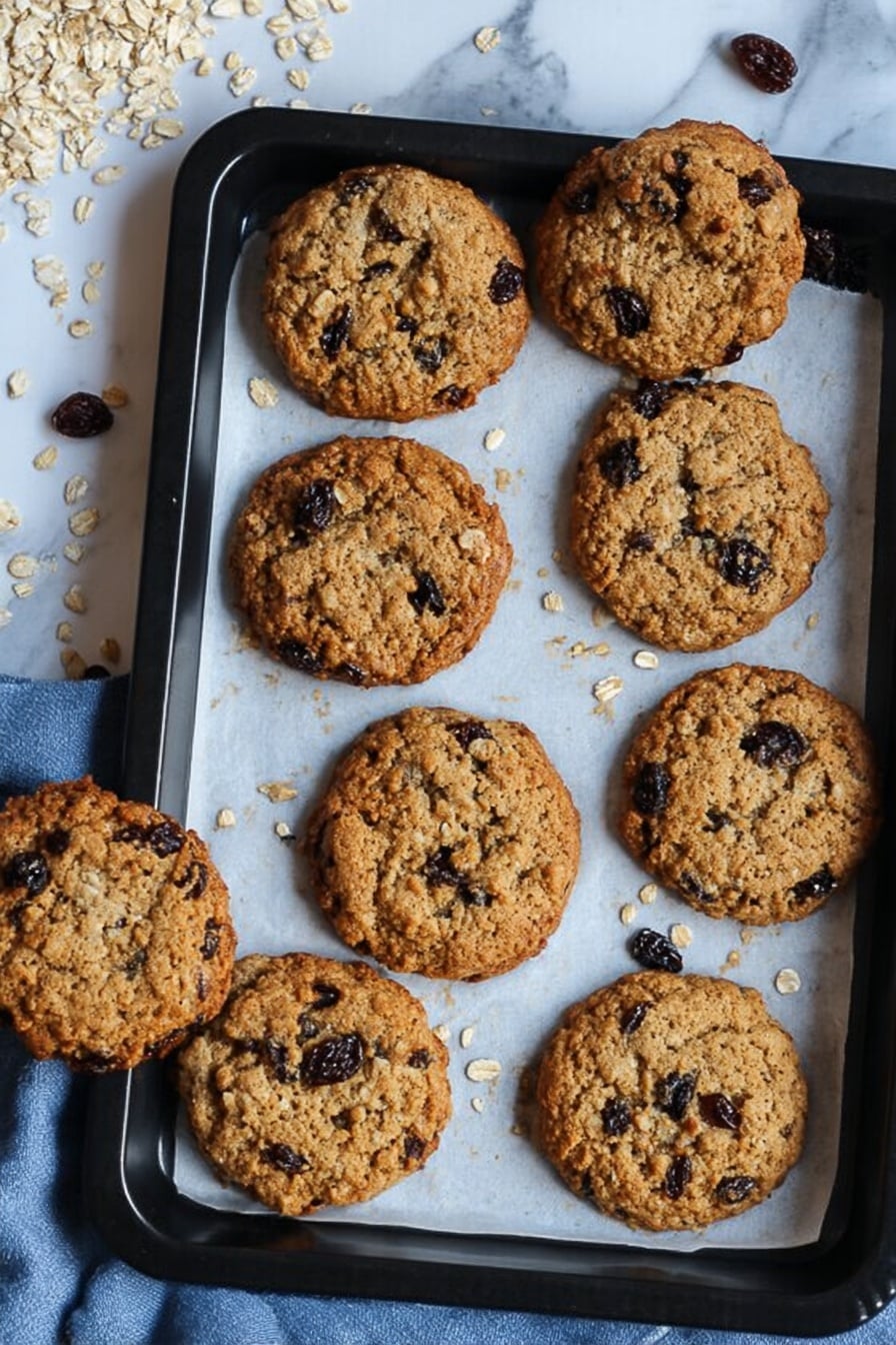 The image shows a black baking tray lined with white parchment paper holding nine round oatmeal raisin cookies. The cookies are golden brown on the edges with a slightly lighter, crumbly oat texture in the middle, dotted with dark raisins throughout. One cookie rests outside the tray on a white marbled surface near scattered oats and raisins. There is a blue cloth partially visible under the tray. The photo taken with an iphone --ar 2:3 --v 7 - Chewy Oatmeal Raisin Cookies, oatmeal raisin cookies, soft oatmeal cookies, homemade oatmeal cookies, easy cookie recipe