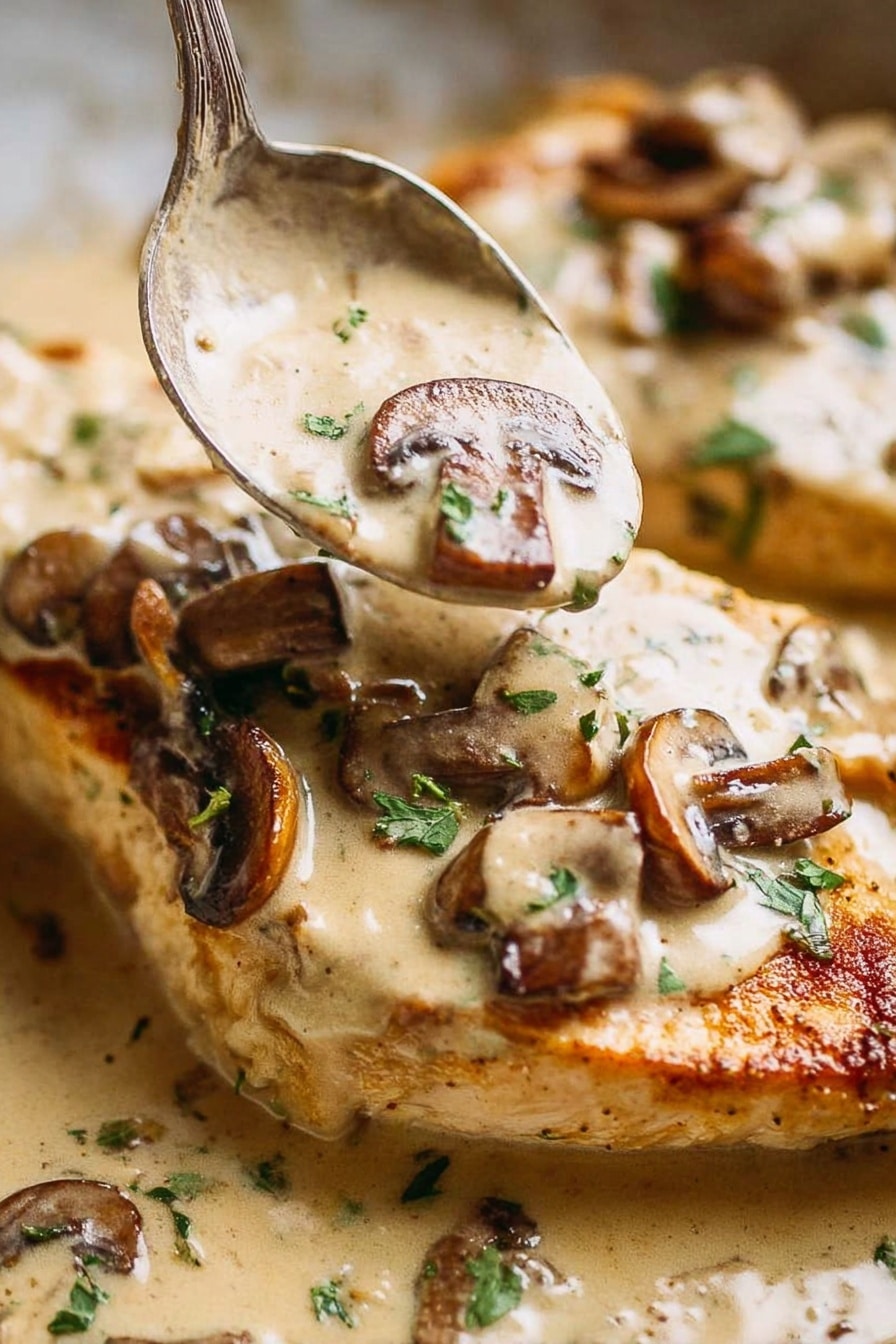 A close-up view of a sliced cooked chicken piece on the bottom layer that is light golden brown with a crispy texture. On top is a thick creamy mushroom sauce that covers most of the chicken, with visible sliced brown mushrooms scattered throughout the sauce. Small green chopped herbs are sprinkled on the sauce, adding a touch of color. A spoon is shown scooping some of the mushroom sauce and mushrooms over the chicken. The background is a white marbled texture. Photo taken with an iphone --ar 2:3 --v 7 - Creamy Mushroom Chicken Skillet, Mushroom Chicken Dinner, One-Pan Chicken Recipe, Easy Creamy Chicken, Comforting Chicken Skillet