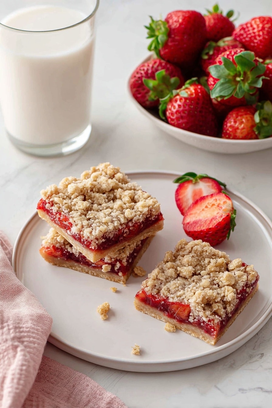 Two square layers of crumbly oatmeal strawberry bars are placed on a white round plate; the bottom layer is a light golden crust, the middle layer is a bright red strawberry filling, and the top layer is a rough oatmeal crumble with a beige color. Next to the bars are two fresh strawberries, one whole and one sliced in half, showing the red and juicy inside with light green leaves. Behind the plate, there is a white bowl filled with red strawberries with green tops, along with a clear glass filled with milk, all on a white marbled surface. A soft pink cloth is partly visible in the lower left corner of the image photo taken with an iphone --ar 2:3 --v 7 - Strawberry Oatmeal Bars, strawberry oat bars, easy strawberry dessert, homemade strawberry bars, fruit-filled oat bars