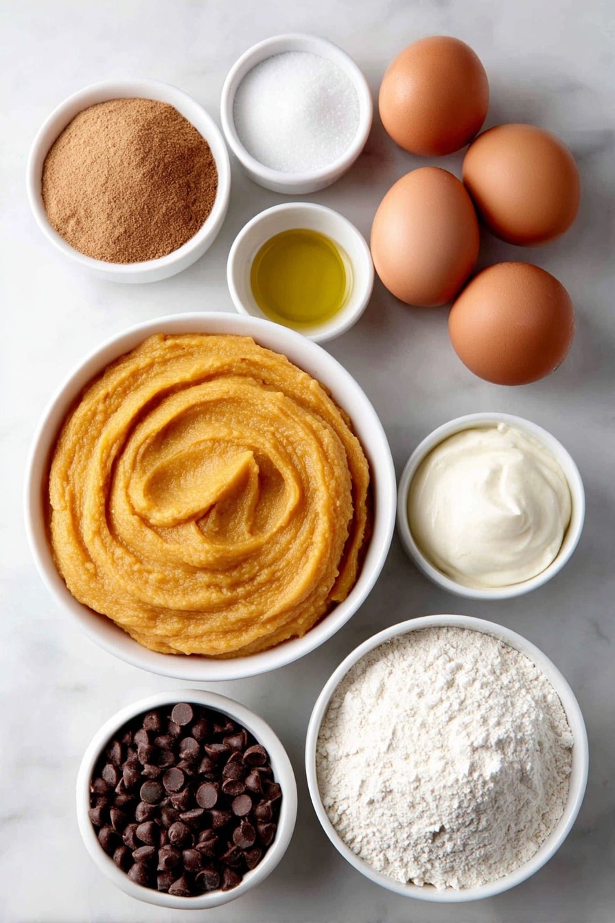 Flat lay of a small white ceramic bowl filled with smooth bright orange pumpkin puree, a small white bowl of granulated white sugar, a small white bowl holding light brown packed sugar, a small white bowl containing golden vegetable oil, two whole uncracked brown eggs, a small white bowl with creamy white sour cream, a small white bowl with fine all-purpose flour, a small white bowl of shiny semisweet chocolate chips, and a small white bowl of warm brown pumpkin pie spice, all arranged in perfect symmetry with balanced proportions, placed on a clean white marble surface, soft natural light, photo taken with an iPhone, professional food photography style, fresh ingredients, white ceramic bowls, no bottles, no duplicates, no utensils, no packaging --ar 2:3 --v 7 --p m7354615311229779997 - Pumpkin Chocolate Chip Muffins, Pumpkin Muffins with Chocolate Chips, Easy Pumpkin Muffin Recipe, Moist Pumpkin Muffins, Fall Baking Recipes