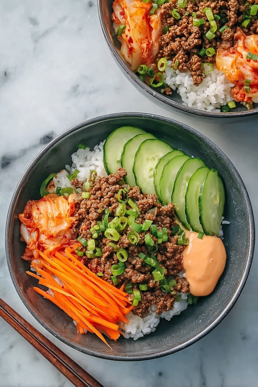 The image shows two bowls of food, each with a base layer of white rice topped with four distinct sections: a portion of brown cooked ground meat mixed with green chopped scallions, thin orange carrot strips arranged neatly, fresh cucumber slices, and a small amount of light orange sauce beside a serving of lightly reddish kimchi. The bowls are dark gray and placed on a white marbled surface with a pair of wooden chopsticks next to one bowl. The photo taken with an iphone --ar 2:3 --v 7 - Korean Beef Rice Bowls with Gochujang Mayo, Korean beef bowls, spicy beef rice bowls, Korean dinner ideas, quick Korean recipes