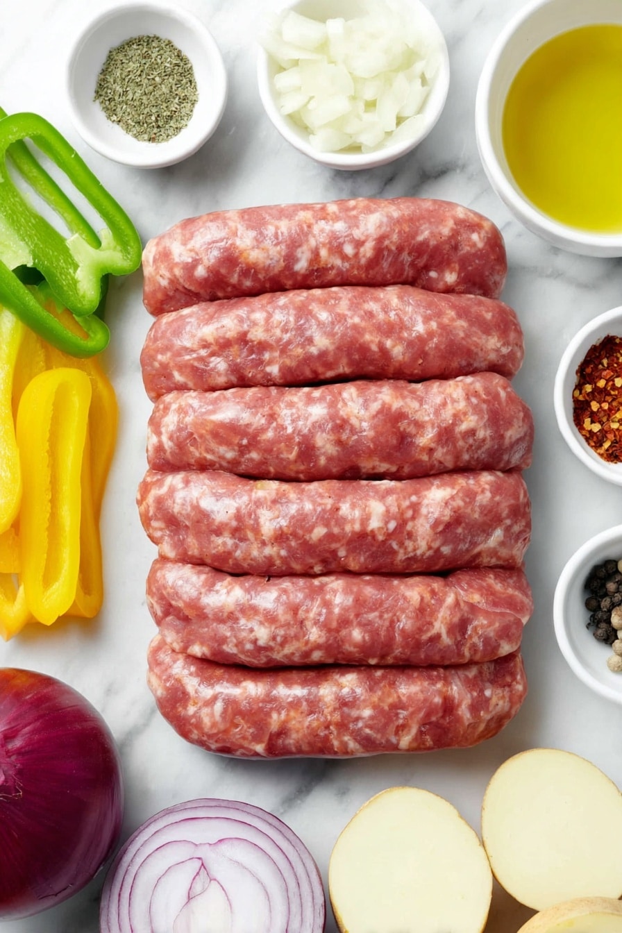 Flat lay of a raw Italian sweet sausage link with natural casing, one whole red bell pepper sliced into thick strips, one whole green bell pepper sliced into thick strips, one whole yellow bell pepper sliced into thick strips, one whole red onion halved, one whole vidalia onion halved, a small white ceramic bowl of minced garlic, a small white ceramic bowl with golden olive oil, a small white ceramic bowl with dried oregano, a small white ceramic bowl with dried basil, a small white ceramic bowl with crushed red pepper flakes, two whole Idaho potatoes sliced and halved, a small white ceramic bowl with clear vegetable oil, a small white ceramic bowl with coarse salt, a small white ceramic bowl with black peppercorns, all arranged symmetrically on a clean white marble surface, soft natural light, photo taken with an iPhone, professional food photography style, fresh ingredients, white ceramic bowls, no bottles, no duplicates, no utensils, no packaging --ar 2:3 --v 7 --p m7354615311229779997 - Italian Sausage and Peppers, Italian Sausage and Peppers recipe, Italian sausage and bell peppers, hearty Italian sausage dish, easy sausage and peppers meal