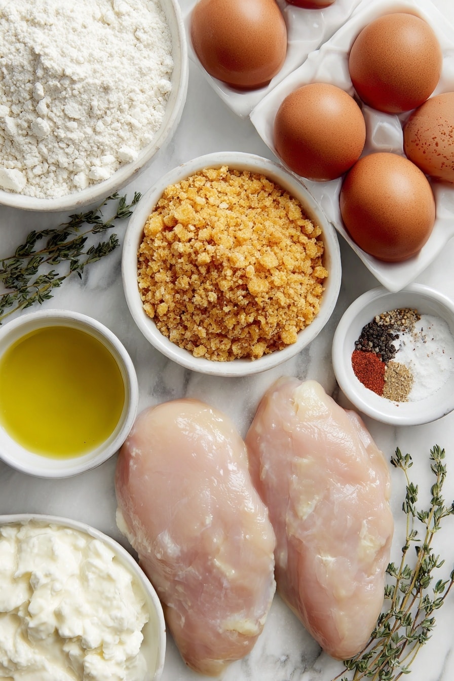 Flat lay of fresh skinless boneless chicken breasts, a small mound of golden bread crumbs, a small white ceramic bowl of all-purpose flour, a small white bowl with mixed garlic powder, onion powder, black pepper, salt, minced fresh thyme, and cayenne pepper, two whole brown eggs with clean shells, a small white bowl of fresh milk, a small white bowl of golden olive oil placed on a clean white marble surface, soft natural light, photo taken with an iPhone, professional food photography style, fresh ingredients, white ceramic bowls, no bottles, no duplicates, no utensils, no packaging --ar 2:3 --v 7 --p m7354615311229779997 - Oven-Baked Chicken Nuggets, healthy chicken nuggets, crispy baked chicken bites, easy chicken snack, oven baked chicken tenders