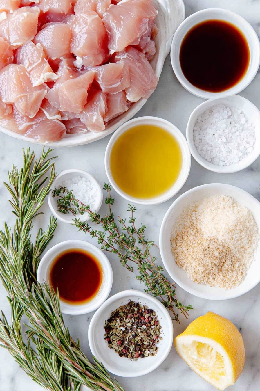 Flat lay of fresh raw chicken tenderloins cut into 2-inch pieces, a small white bowl of golden olive oil, a small white bowl of amber apple cider vinegar, a small white bowl of bright yellow lemon juice, a few sprigs of mixed Italian herbs, a small white bowl filled with pale beige garlic powder, a small white bowl with light brown onion powder, a small white bowl of white granulated sugar, a small white bowl containing dark liquid smoke, a small white bowl of coarse white salt, a small white bowl of cracked black peppercorns, all ingredients arranged in perfect symmetry on a clean white marble surface, soft natural light, photo taken with an iPhone, professional food photography style, fresh ingredients, white ceramic bowls, no bottles, no duplicates, no utensils, no packaging --ar 2:3 --v 7 --p m7354615311229779997 - Copycat Chick-fil-A Grilled Chicken Nuggets, homemade grilled chicken nuggets, Chick-fil-A-inspired grilled chicken, easy grilled chicken recipes, healthy chicken nuggets