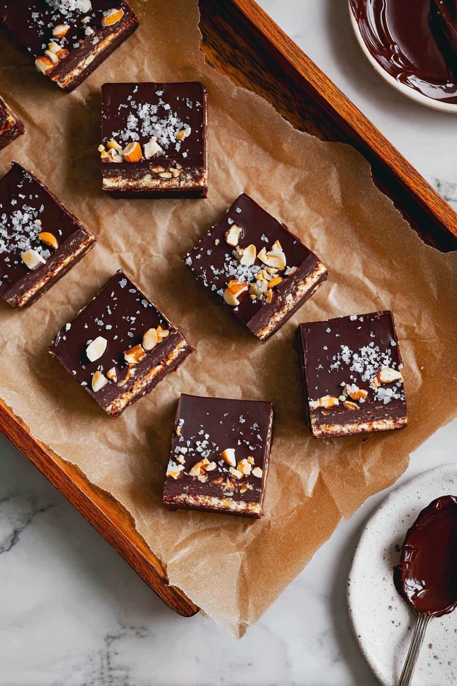 There are eight square pieces of chocolate dessert arranged on brown parchment paper over a wooden tray. Each piece has three visible layers: a dark chocolate top layer with scattered white and orange nut pieces, a thin middle layer with small nut bits, and a bottom darker brown base layer. The chocolate pieces are sprinkled with a few grains of sea salt. To the right, there is a white plate partly visible and a spoon smeared with melted dark chocolate resting beside it. The scene is set on a white marbled surface. Photo taken with an iphone --ar 2:3 --v 7 - Healthy No Bake Superfood Brownie Bites, healthy brownie bites, no bake superfood treats, chocolate healthy snacks, easy healthy dessert recipes