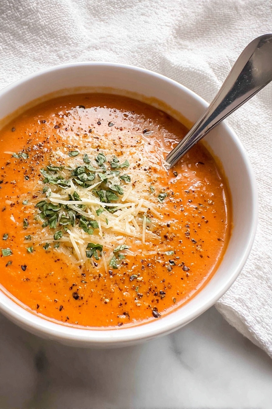 A white bowl filled with bright orange creamy soup is topped in the center with a light layer of finely grated pale yellow cheese and sprinkled with small pieces of dark green chopped herbs. Black pepper specks are scattered gently over the top. A shiny silver spoon rests inside the bowl on the right side, touching the soup's surface. The bowl sits on a white marbled surface with a soft textured white fabric in the background. Photo taken with an iphone --ar 2:3 --v 7 - Creamy Tomato Basil Soup with Parmesan, tomato basil soup recipe, homemade tomato soup, creamy vegetable soup, easy comfort food