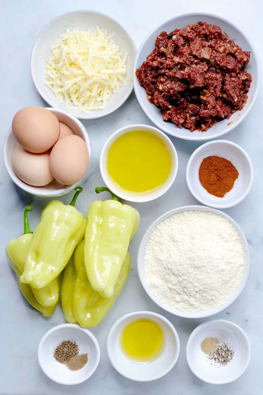 Flat lay of one small diced onion, three peeled garlic cloves, two peeled chipotle peppers, a small mound of smoky shredded brisket, a small pile of shredded pepper jack cheese, eight fresh large poblano peppers, a small heap of all-purpose flour, eight whole uncracked brown eggs with clean shells, a small white bowl of golden olive oil, a small white bowl containing dried oregano, a small white bowl with smoked paprika powder, a small white bowl with ground cumin, a small white bowl with black pepper, a small white bowl with sea salt, a small white bowl with lemon juice, all arranged in perfect symmetry on a clean white ceramic surface, placed on a clean white marble surface, soft natural light, photo taken with an iPhone, professional food photography style, fresh ingredients, white ceramic bowls, no bottles, no duplicates, no utensils, no packaging --ar 2:3 --v 7 --p m7354615311229779997 - Easy Chile Relleno with Smoked Brisket, smoked brisket stuffed peppers, cheesy Chile Relleno with brisket, smoky stuffed poblano peppers, quick Chile Relleno recipe