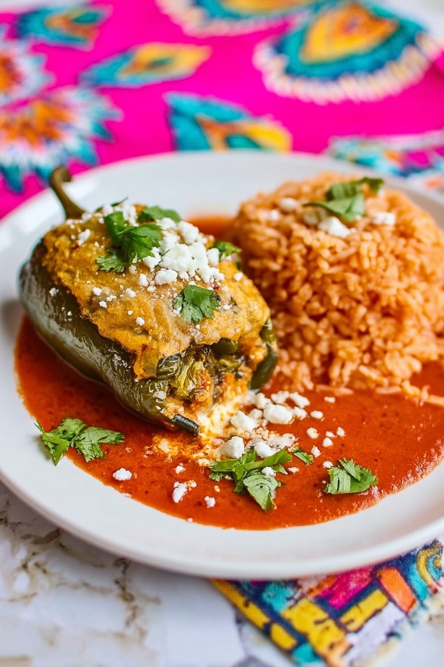 A white plate on a white marbled surface holds a stuffed green pepper wrapped in a golden-yellow light crispy layer with a few white crumb pieces sprinkled on top and fresh green cilantro leaves for garnish. The pepper sits on a bright red chunky tomato sauce spread across the plate. Next to it is a serving of reddish-orange rice with small bits of white cheese mixed in and more cilantro leaves decorating the rice. The background shows a colorful cloth with pink, yellow, blue, and green patterns. photo taken with an iphone --ar 2:3 --v 7 - Easy Chile Relleno with Smoked Brisket, smoked brisket stuffed peppers, cheesy Chile Relleno with brisket, smoky stuffed poblano peppers, quick Chile Relleno recipe