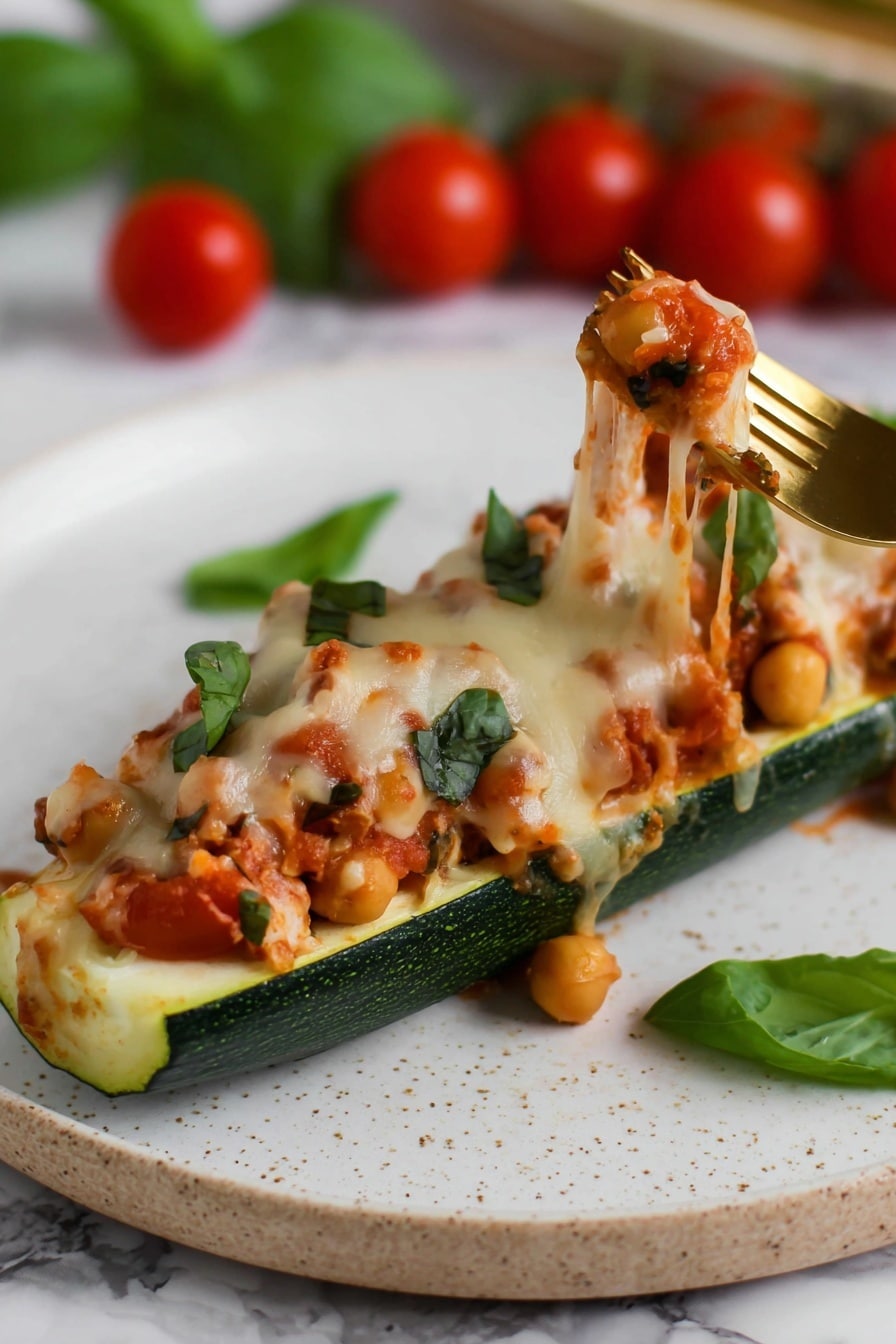 A white plate holds a zucchini boat sliced in half lengthwise as the base layer, dark green on the outside and light green inside. On top is a layer of mixed chickpeas and tomato chunks in a reddish sauce, topped with melted cheese that is golden and bubbly, stretching slightly where a gold fork lifts a bite. Small green basil leaves are sprinkled on the cheese, and a few whole basil leaves lay beside the zucchini on the plate. The background is a white marbled surface with blurred cherry tomatoes in the distance. Photo taken with an iphone --ar 2:3 --v 7 - Tuscan Quinoa Stuffed Zucchini Boats, healthy zucchini boat recipes, Mediterranean stuffed zucchini, vegan quinoa zucchini boats, easy weeknight zucchini dishes