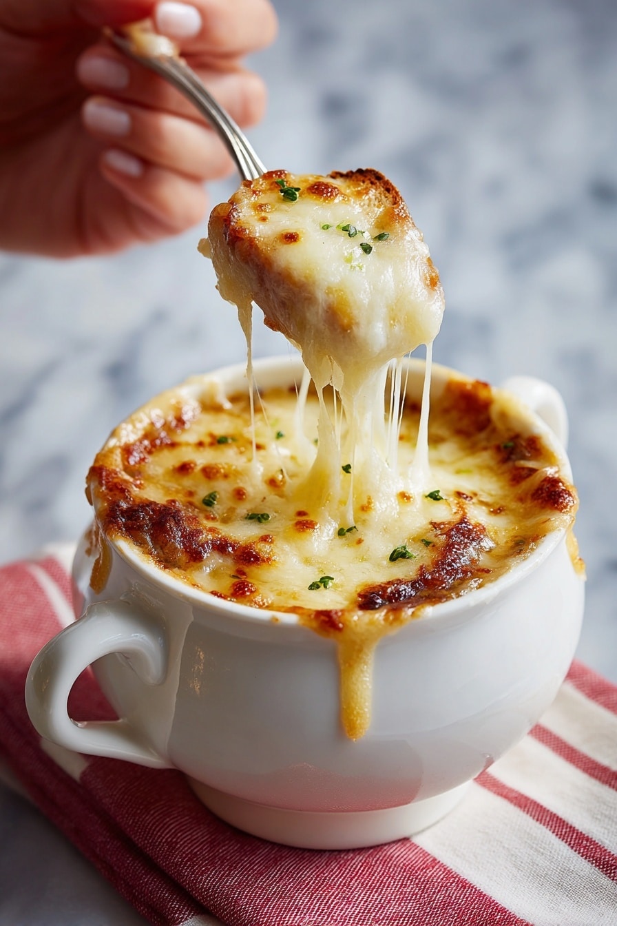 A close-up image of a white ceramic bowl filled with French onion soup. The top layer is melted light golden cheese with a slightly browned, bubbly texture, garnished with small green herbs. A spoon held by a woman's hand scoops up a portion, showing gooey, stringy cheese stretching from the bowl. Below the cheese, you can see soft caramelized onions and dark brown toasted bread pieces. The bowl sits on a white marbled surface with a red and white cloth blurred in the background. Photo taken with an iphone --ar 2:3 --v 7 - French Onion Soup with Gruyère Cheese, easy French onion soup, homemade French onion soup, caramelized onion soup, cheesy French onion soup