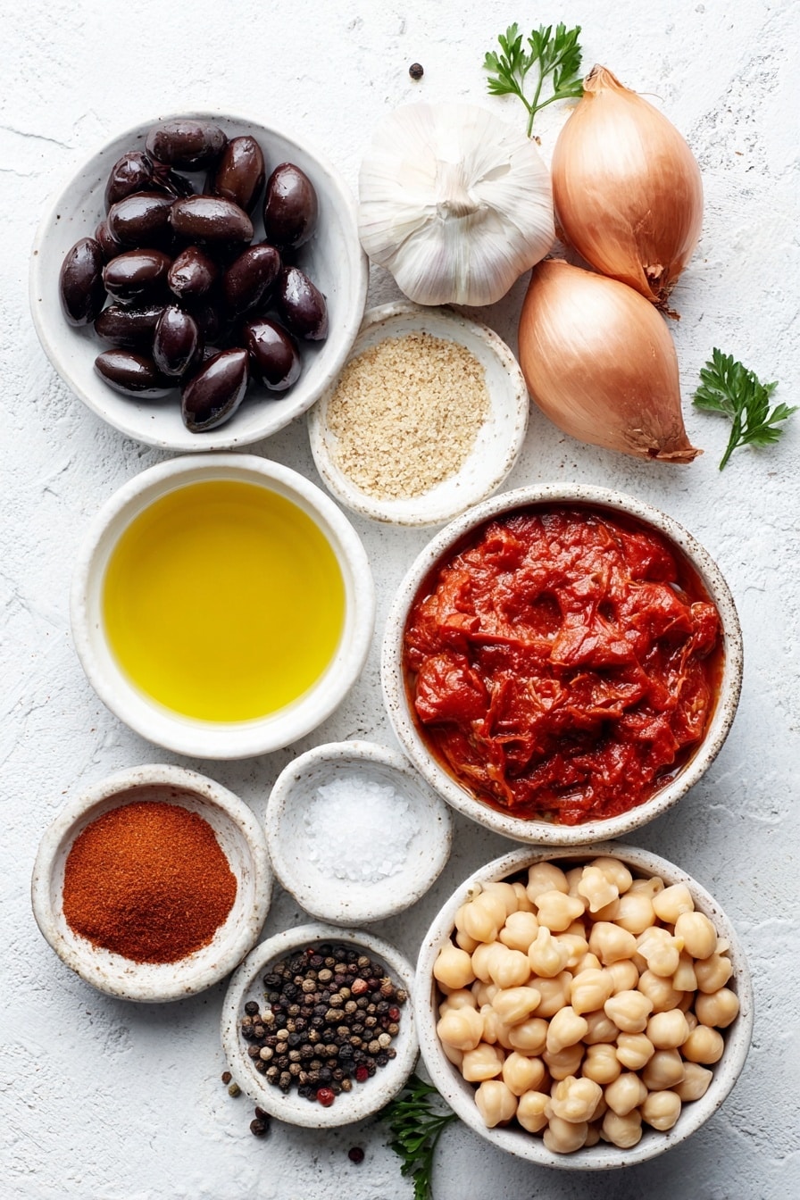 Flat lay of a small puddle of golden canola oil on a white ceramic plate, one large fresh yellow onion finely chopped on a simple white ceramic dish, two whole uncracked brown garlic bulbs alongside two peeled garlic cloves, a small white bowl filled with clear low sodium chicken broth, a small white bowl holding thick deep red tomato paste, a small white ceramic bowl of vibrant red fire roasted diced tomatoes, a white bowl with bright yellow frozen corn kernels, a white bowl with plump pale green frozen lima beans, a white bowl filled with thick dark reddish-brown barbecue sauce, a small heap of light brown granulated brown sugar on a white plate, a small white bowl containing glossy dark Worcestershire sauce, a small white bowl with bright red hot sauce, a small white ceramic bowl scattered with fresh ground black pepper, crushed red pepper flakes in a white bowl, a tiny white plate with fine orange-red cayenne pepper, a neat pile of pulled smoked pork with natural smoky color on a white plate, and a separate small mound of cooked diced chicken breast with golden roasted edges arranged on a simple white ceramic dish, all placed on a clean white marble surface, soft natural light, photo taken with an iPhone, professional food photography style, fresh ingredients, white ceramic bowls, no bottles, no duplicates, no utensils, no packaging --ar 2:3 --v 7 --p m7354615311229779997 - Easy Smoky Brunswick Stew with Pulled Pork, smoky Brunswick stew, hearty pulled pork stew, quick southern stew recipe, comforting smoked pork dish