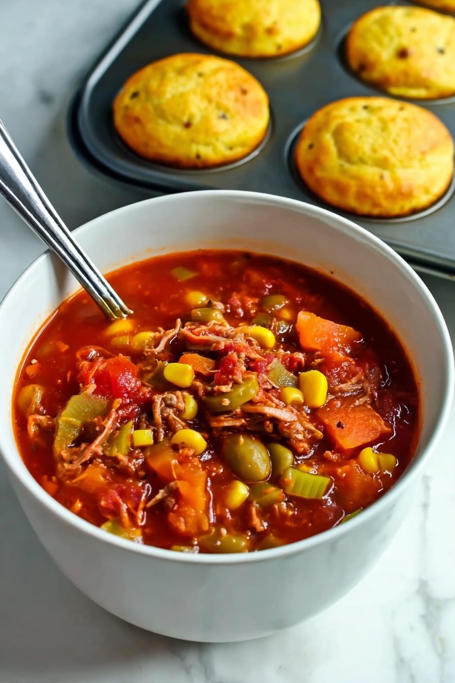 A white bowl filled with a thick, chunky stew featuring large pieces of red tomatoes, pale green lima beans, yellow corn kernels, and pieces of tender meat in a rich reddish-brown sauce. The stew has a hearty texture with visible onion slices and a shiny, slightly glossy finish. The bowl is placed on a white marbled surface, and behind it is a dark muffin tray holding four golden-yellow muffins. A spoon is partially inside the bowl on the left side. Photo taken with an iphone --ar 2:3 --v 7 - Easy Smoky Brunswick Stew with Pulled Pork, smoky Brunswick stew, hearty pulled pork stew, quick southern stew recipe, comforting smoked pork dish