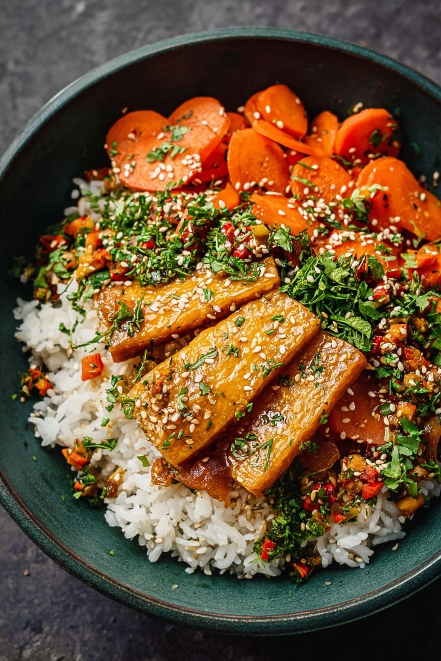 The image shows a dark green bowl filled with three main layers. The bottom layer is a bed of white rice with a soft texture. On top of the rice, there are several golden-brown rectangular pieces that look crispy on the edges, layered evenly. The top layer consists of thin orange carrot slices, small bits of green herbs, and diced vegetables mixed with sesame seeds, scattered evenly over the bowl. The whole dish looks fresh with vibrant colors and textures. Photo taken with an iphone --ar 2:3 --v 7 - Tofu Stir Fry, healthy tofu stir fry, easy stir fry recipes, vegetable stir fry, quick dinner ideas