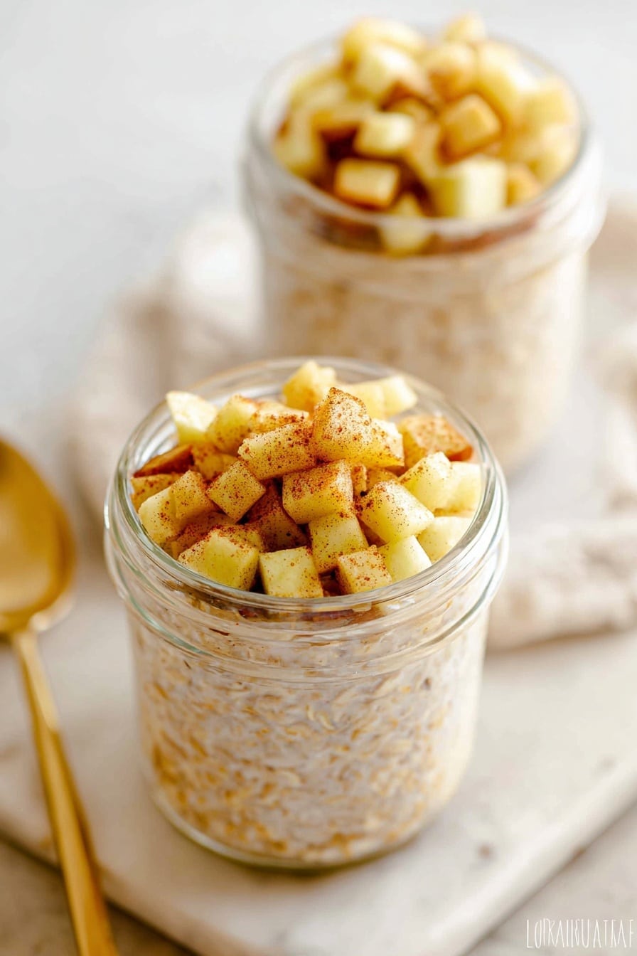 The image shows two clear glass jars filled with a creamy oatmeal base that has a light beige color and a soft, grainy texture. On top of each jar, there is a layer of small, diced apple pieces that have a mix of yellow and light brown shades, coated with a sprinkle of cinnamon, giving a warm, slightly speckled look. The jars are placed on a white marbled surface with a folded light-colored cloth underneath, and a shiny gold spoon is visible to the side. The focus is sharp on the closest jar, while the one in the back is softly blurred. Photo taken with an iphone --ar 2:3 --v 7 - Apple Cinnamon Overnight Oats, healthy overnight oats recipes, easy breakfast ideas, no-fuss healthy breakfast, cozy oatmeal recipes