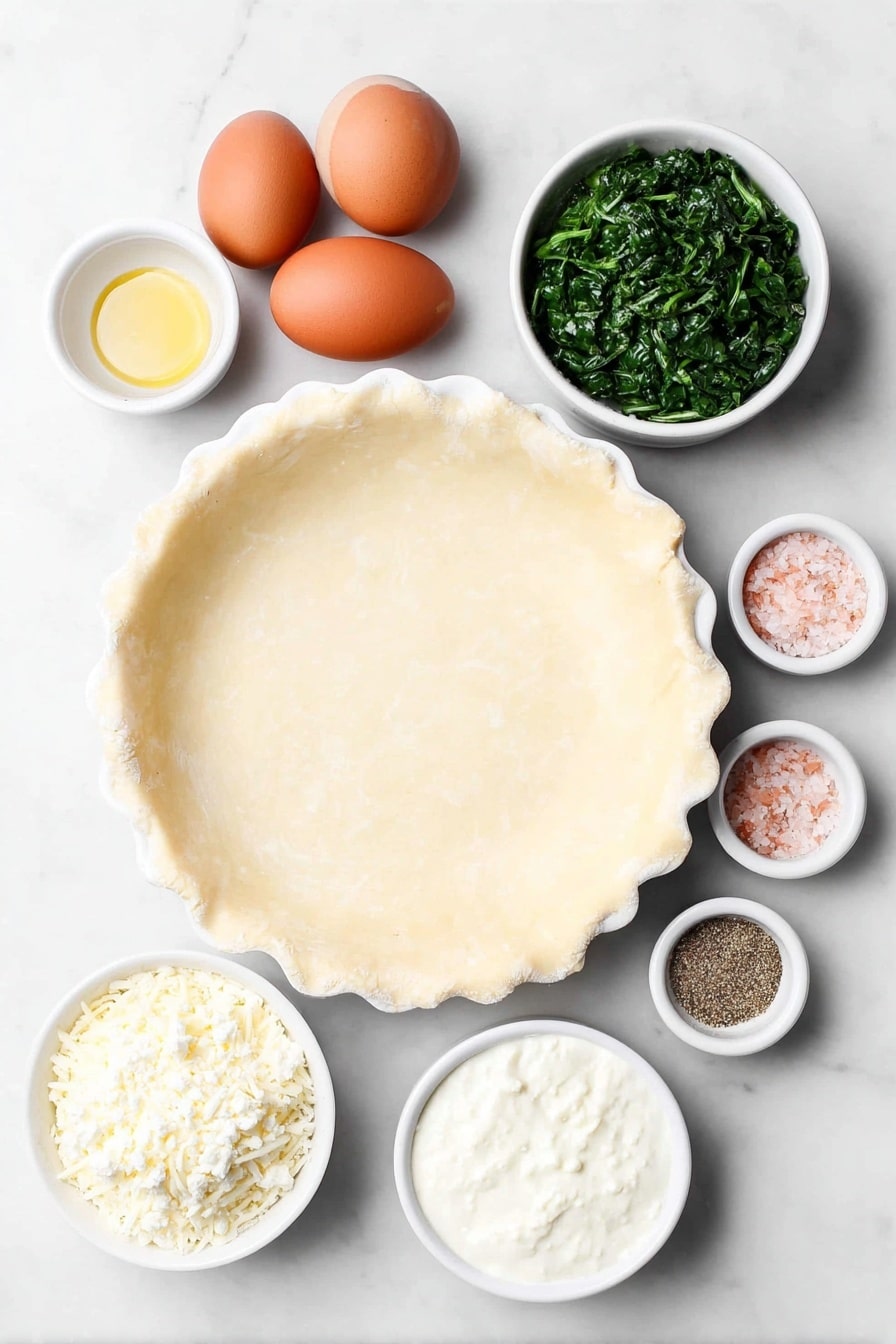 Flat lay of a rolled out 9-inch pie dough on a simple white ceramic plate, a small white bowl of golden olive oil, one small peeled whole onion, a white ceramic bowl filled with bright green chopped fresh spinach, four whole uncracked brown eggs, a small white bowl of creamy half & half, a small heap of coarse pink sea salt, a small white bowl with ground black pepper, a small white bowl with ground nutmeg powder, a small white ceramic bowl with crumbly white feta cheese, a small white ceramic bowl with shredded white cheddar cheese, all arranged in perfect symmetry, placed on a clean white marble surface, soft natural light, photo taken with an iPhone, professional food photography style, fresh ingredients, white ceramic bowls, no bottles, no duplicates, no utensils, no packaging --ar 2:3 --v 7 --p m7354615311229779997 - Spinach Feta Quiche, savory spinach and feta quiche, easy brunch quiche, homemade vegetable quiche, flaky crust quiche