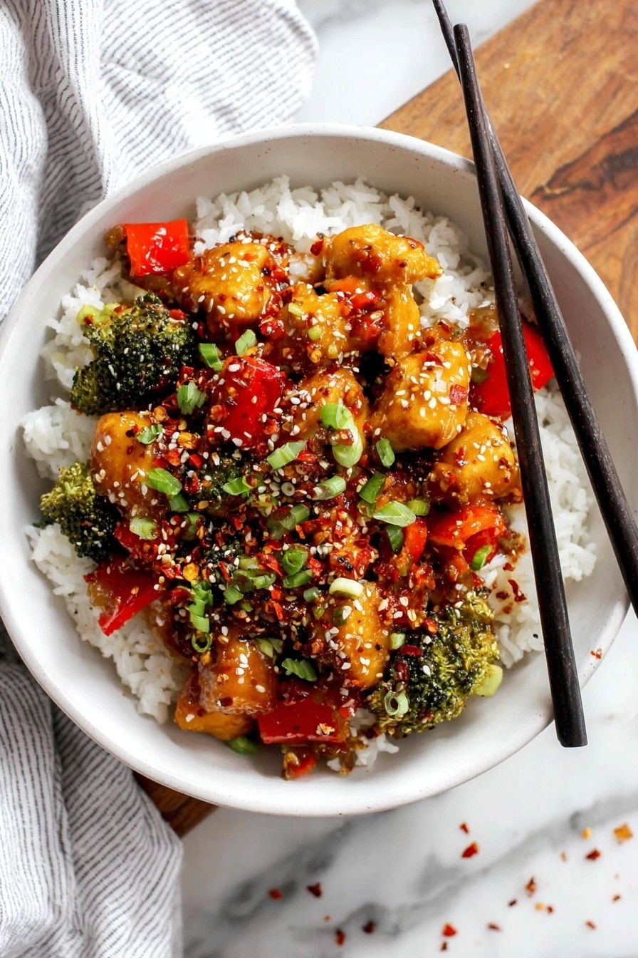 A bowl filled with white rice forms the base layer, fluffy and soft. On top, there is a vibrant mix of small broccoli florets and bright red bell pepper pieces, adding green and red color. Over the vegetables, there are chunks of golden brown chicken coated in a shiny dark sauce, making them look juicy and tasty. The dish is sprinkled with white sesame seeds, red chili flakes, and chopped green onions that add texture and a pop of green. Black chopsticks rest on the edge of the bowl, which sits on a white marbled surface next to a striped white cloth. photo taken with an iphone --ar 2:3 --v 7 - Healthy Teriyaki Chicken Bowl, easy healthy chicken bowls, quick nutritious dinner, flavorful chicken and veggie bowls, homemade teriyaki chicken dish
