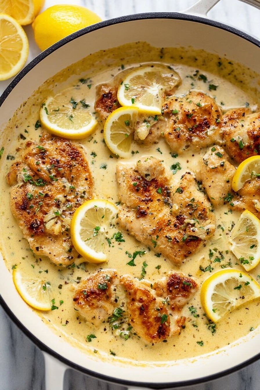 The image shows a white skillet filled with golden brown cooked chicken pieces in a creamy light yellow sauce. The chicken has a slight char on the edges and is partly submerged in the thick sauce, which has a smooth texture and is speckled with small green herb bits. Thin lemon slices are placed on top and around the chicken pieces, adding bright yellow color. The skillet sits on a white marbled surface, and fresh lemon wedges are seen in the background. The overall dish looks rich, creamy, and garnished simply. photo taken with an iphone --ar 2:3 --v 7 - Lemon Pepper Chicken, Lemon Pepper Chicken Recipe, Easy Lemon Chicken, Creamy Lemon Chicken, Quick Chicken Dinner