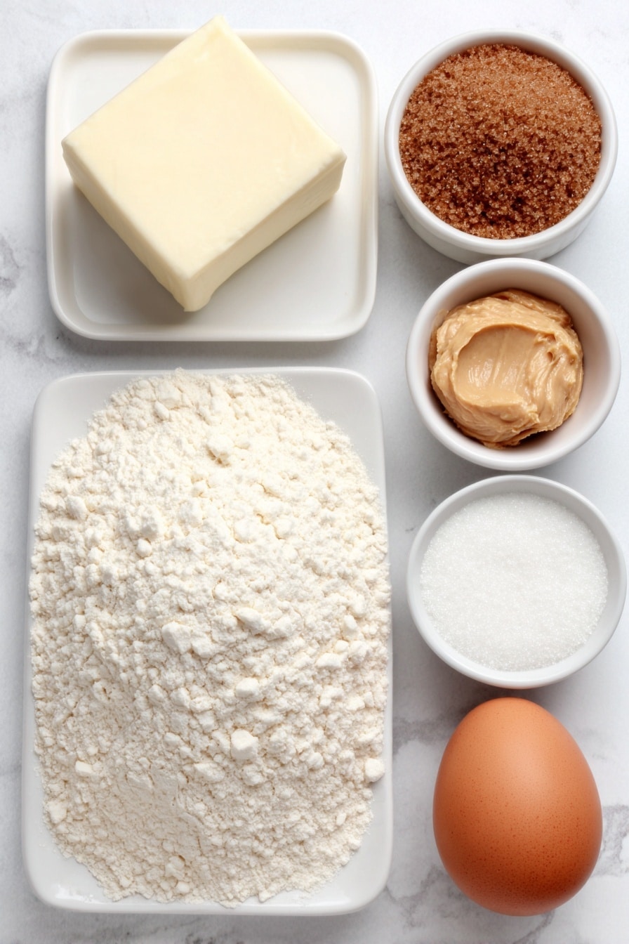 Flat lay of a small mound of all-purpose flour on a white ceramic plate, a cube of pale yellow unsalted butter on a white ceramic dish, a dollop of creamy peanut butter on a white ceramic plate, a small white bowl filled with light brown packed brown sugar, a small white bowl with white granulated sugar, a small white bowl containing golden vanilla extract, one large whole uncracked egg with a clean shell, and a small white bowl with fine baking powder, all arranged symmetrically and balanced, placed on a clean white marble surface, soft natural light, photo taken with an iPhone, professional food photography style, fresh ingredients, white ceramic bowls, no bottles, no duplicates, no utensils, no packaging --ar 2:3 --v 7 --p m7354615311229779997 - Easy Peanut Butter Cookies, peanut butter cookies recipe, quick peanut butter cookies, soft peanut butter cookies, homemade peanut butter cookies