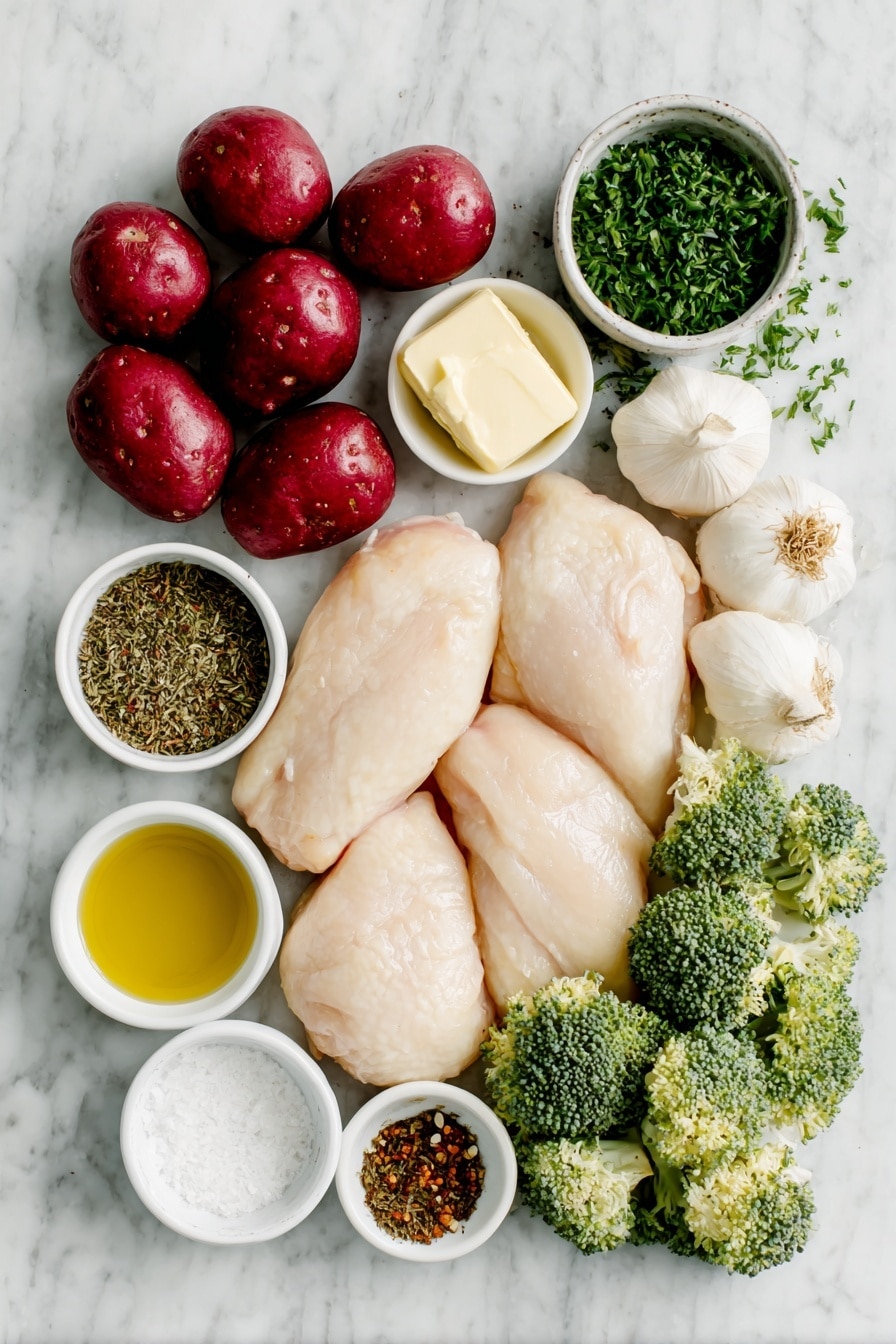 Flat lay of three whole boneless, skinless chicken breasts, halved baby red potatoes, fresh broccoli florets, three cloves of fresh garlic, a few sprigs of chopped fresh parsley leaves, small white ceramic bowls containing golden honey, melted butter, deep amber brown sugar, smooth Dijon mustard, dried oregano and dried basil herbs, a small white bowl with olive oil, and small white bowls with kosher salt and freshly ground black pepper, all arranged symmetrically on a clean white marble surface, soft natural light, photo taken with an iPhone, professional food photography style, fresh ingredients, white ceramic bowls, no bottles, no duplicates, no utensils, no packaging --ar 2:3 --v 7 --p m7354615311229779997 - Honey Garlic Chicken and Veggies Skillet, Honey Garlic Chicken Stir-fry, Easy One-Pan Chicken and Veggies, Healthy Chicken Recipes, Quick Weeknight Dinner Ideas