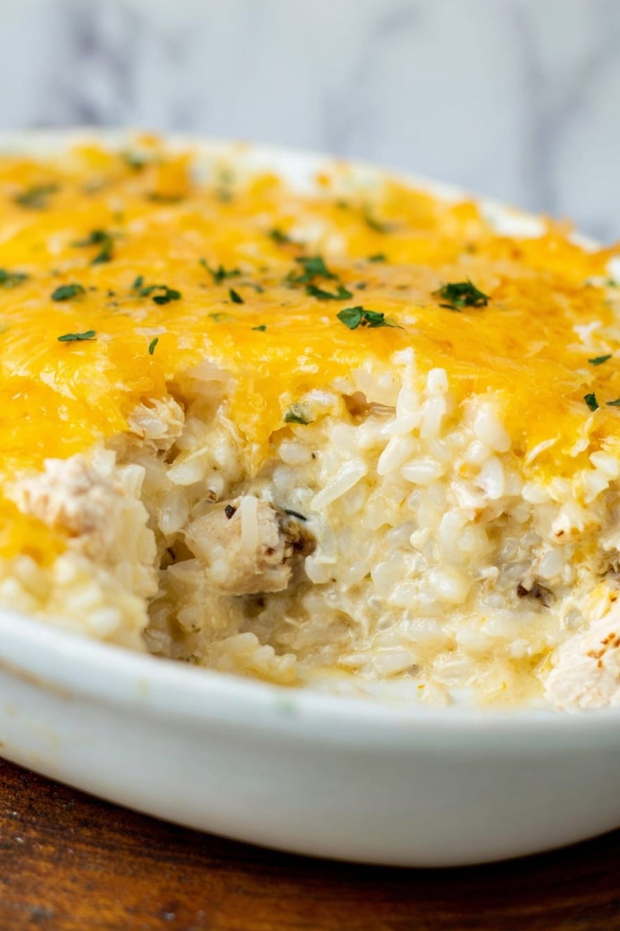 The dish shows a close-up of a creamy cheesy casserole in a white dish, featuring visible layers where the top layer is melted golden-yellow cheese with some small green herb bits sprinkled on it. Below the cheese, there is a thick layer of creamy rice mixed with white chunks of cooked meat and bits of darker ingredients, giving a soft texture with a mix of white, light yellow, and brown shades. The white dish rests on a wooden surface, but the background is changed to a white marbled texture. photo taken with an iphone --ar 2:3 --v 7 - Creamy Chicken and Rice Casserole, chicken and rice casserole, cheesy chicken casserole, easy comfort food recipes, family dinner ideas