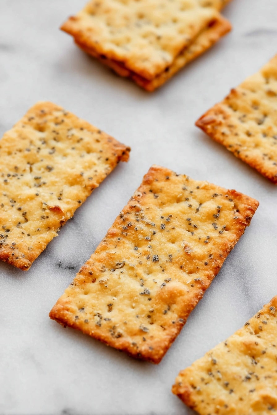 The image shows several thin rectangular crackers placed on a white marbled surface. The crackers have a golden-brown color with small black and light brown specks scattered across each one, giving them a textured look. Each cracker has slightly rough edges and a crispy, baked appearance. The crackers are arranged in a loose pattern with enough space between them, showing their flat and even layers. photo taken with an iphone --ar 2:3 --v 7 - Homemade Bagel Seasoning Crackers, savory cracker recipe, bagel seasoning snack, easy homemade crackers, flavorful snack ideas