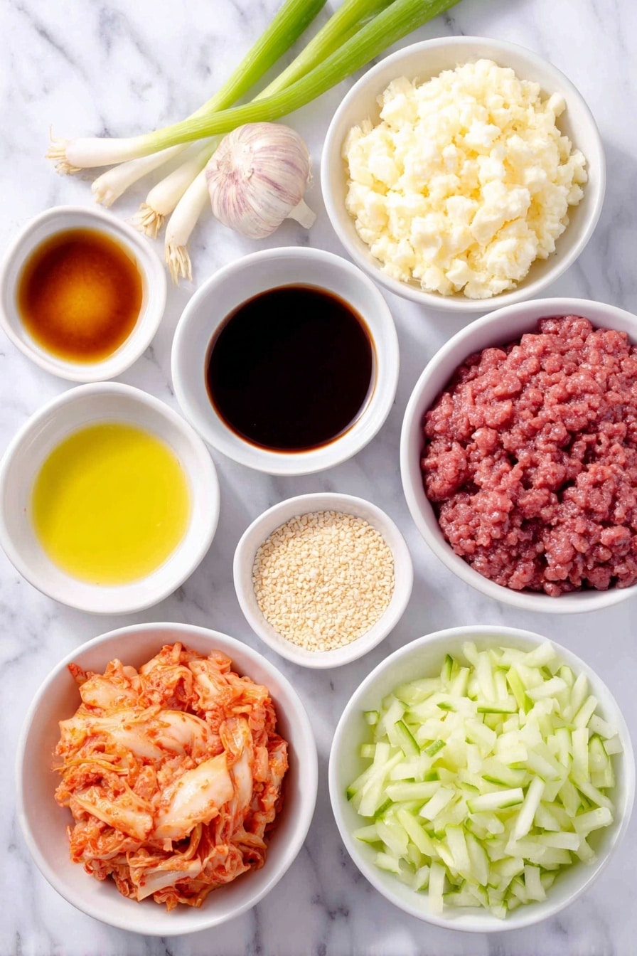 Flat lay of freshly grated garlic piled next to freshly grated ginger, a small white ceramic bowl filled with dark all-purpose soy sauce, another bowl containing rich brown sugar crystals, a bowl holding glossy amber sesame oil, a small bowl with vibrant red gochujang paste, a tiny white bowl of clear rice vinegar, a bowl sprinkled with light tan sesame seeds, a white bowl of golden extra-virgin olive oil, a mound of raw minced beef with deep red color and marbling, two fresh green spring onions whole with white bulbs intact, a small bowl of creamy whole-egg mayonnaise, a heap of fluffy cooked jasmine rice grains, a small pile of bright red kimchi, a neat bunch of julienned fresh orange carrot sticks, and fresh Lebanese cucumber sliced into pale green half moons, all arranged symmetrically in perfect proportion on a clean white marble surface, soft natural light, photo taken with an iPhone, professional food photography style, fresh ingredients, white ceramic bowls, no bottles, no duplicates, no utensils, no packaging --ar 2:3 --v 7 --p m7354615311229779997 - Korean Beef Rice Bowls with Gochujang Mayo, Korean beef bowls, spicy beef rice bowls, Korean dinner ideas, quick Korean recipes