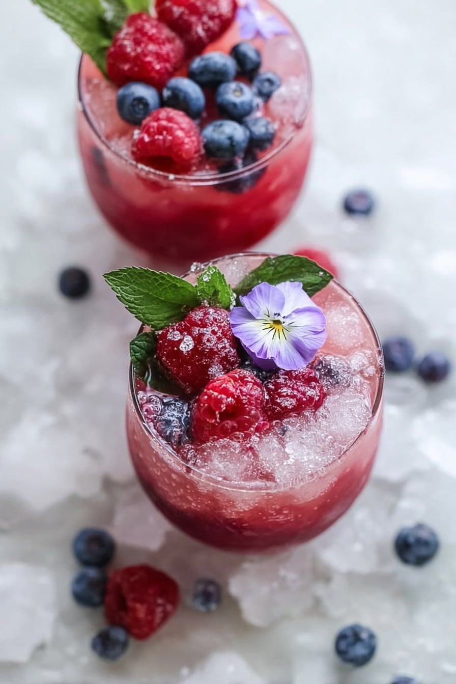 Two round clear glasses are filled with a layered pinkish-red drink and crushed ice. On top of each glass, fresh raspberries and blueberries rest, with a green mint leaf partially visible under the berries. One glass is decorated with a small light purple flower on the side of the berry cluster. The glasses sit on a white marbled surface with a scattering of ice cubes, raspberries, and blueberries around them. The photo is taken from above, showing both drinks closely together. photo taken with an iphone --ar 2:3 --v 7 - Honey Berry Kombucha Smash, refreshing kombucha drinks, fruity summer beverages, non-alcoholic cocktail ideas, sparkling berry drinks