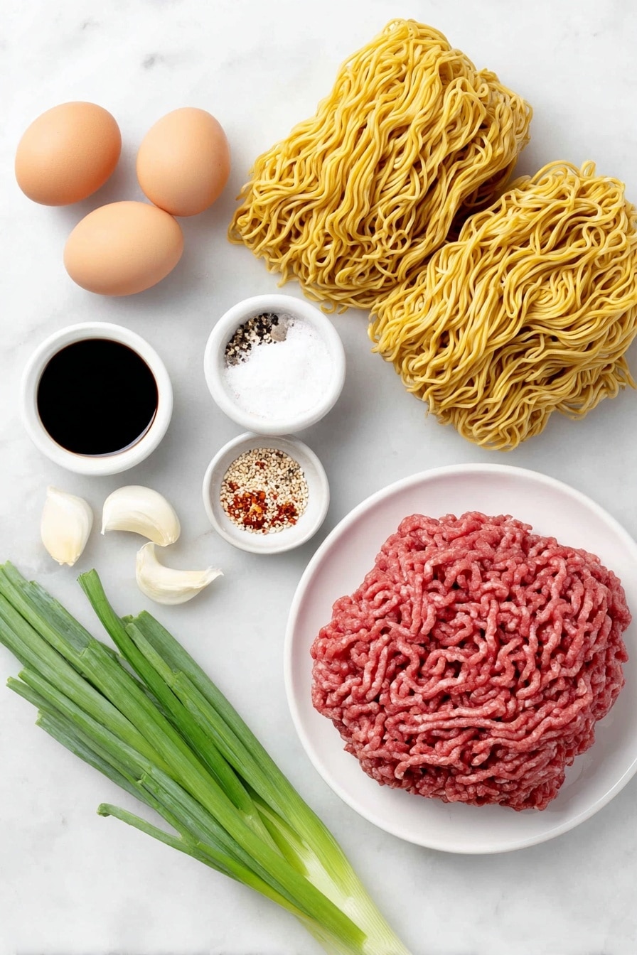 Flat lay of a small mound of fresh ground beef, a few peeled garlic cloves, a small white bowl with coarse salt, another with cracked black pepper, a tiny white bowl filled with crushed red pepper flakes, a small white bowl containing bright red chili garlic sauce, a small white bowl holding clear rice wine vinegar, three whole uncracked large brown eggs, four bundles of uncooked ramen noodles with their characteristic wavy texture, a pinch of glossy sesame seeds scattered on a white ceramic dish, and a few vibrant green onion stalks sliced into thin rings placed neatly on a white ceramic plate, all arranged with perfect symmetry and realistic proportions, placed on a clean white marble surface, soft natural light, photo taken with an iPhone, professional food photography style, fresh ingredients, white ceramic bowls, no bottles, no duplicates, no utensils, no packaging --ar 2:3 --v 7 --p m7354615311229779997 - Spicy Beef Ramen, spicy ramen recipe, beef ramen bowl, easy beef ramen, flavorful ramen dish