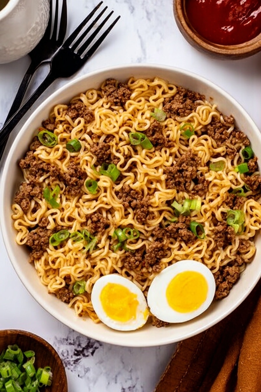 A white bowl filled with cooked curly noodles mixed with browned ground meat, topped with chopped green onions scattered evenly across the surface. Two halves of a boiled egg with firm, yellow yolks are placed neatly on one side of the bowl. The bowl sits on a white marbled surface surrounded by a black fork and knife on the left side. Nearby, a small white pitcher and a small wooden bowl of red sauce are partially visible. Photo taken with an iphone --ar 2:3 --v 7 - Spicy Beef Ramen, spicy ramen recipe, beef ramen bowl, easy beef ramen, flavorful ramen dish