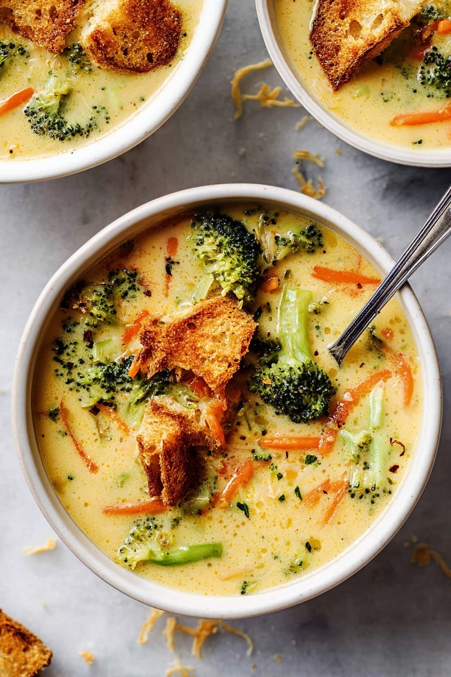 The image shows two white bowls filled with a creamy soup that has a light yellow color. Inside the soup, there are green broccoli florets and thin orange carrot strips scattered throughout. On top of the soup in the main bowl, there are crispy, golden-brown bread pieces that look crunchy. A silver spoon rests inside the main bowl, partly submerged in the soup. The bowls are placed on a white marbled surface with some breadcrumb crumbs scattered around. The overall look is fresh and warm, inviting for a cozy meal. photo taken with an iphone --ar 2:3 --v 7 - Creamy Broccoli Cheddar Soup, Broccoli Cheddar Soup, Easy Broccoli Soup, Cheese and Broccoli Soup, Comfort Food Recipes