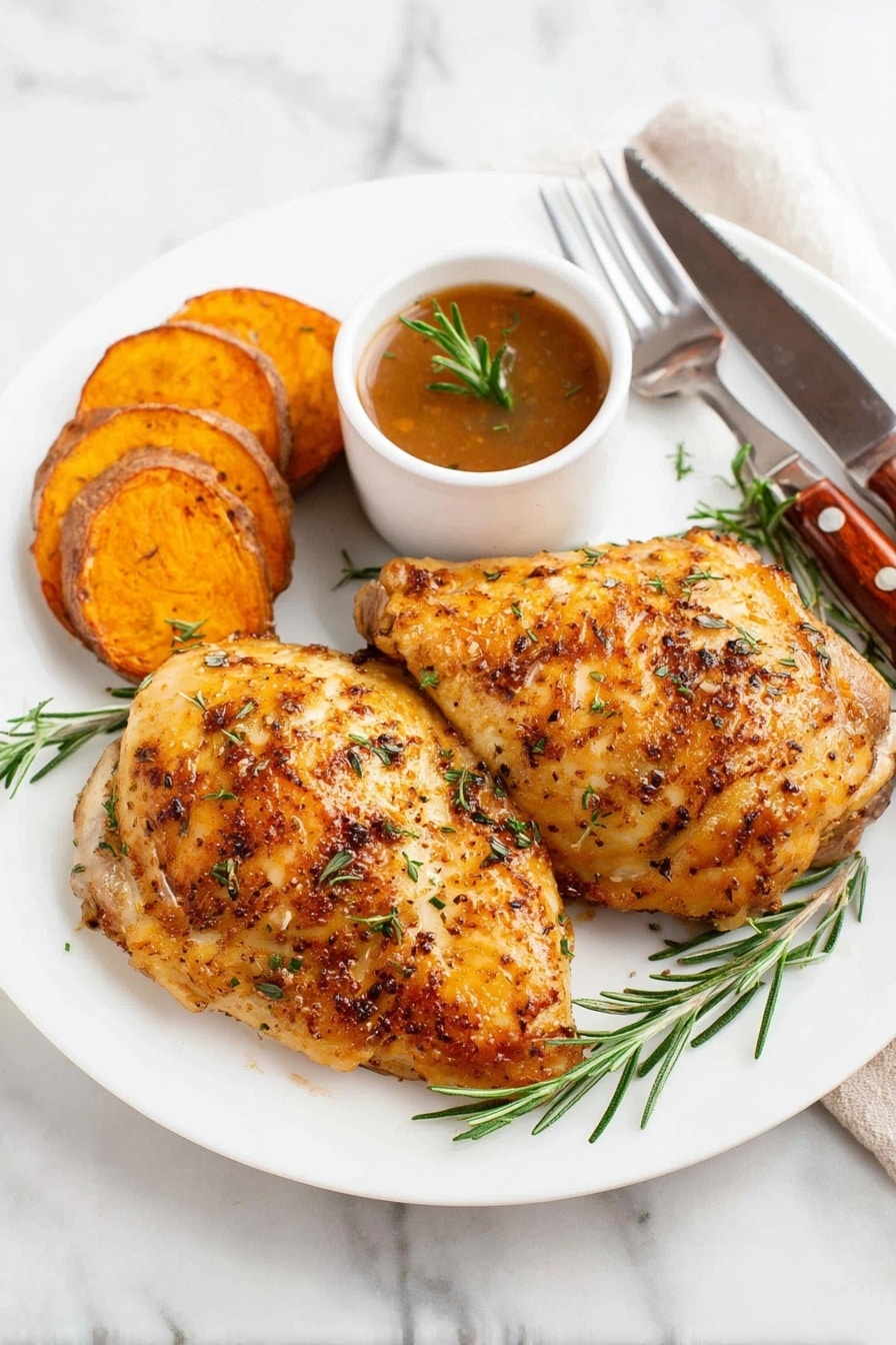 A white plate holds two pieces of golden-brown roasted chicken with visible seasoning and small sprigs of fresh rosemary beneath and on top for garnish. To the left side of the plate, there are three round slices of roasted sweet potatoes with a slightly crispy edge. Next to them is a small white cup filled with brown gravy or sauce, garnished with a small rosemary sprig. On the right side of the plate, a fork and a knife with wooden handles rest on the edge. The plate is placed on a white marbled surface. Photo taken with an iphone --ar 2:3 --v 7 - Orange Glazed Chicken Breast, citrus chicken recipes, easy chicken dinner, healthy glazed chicken, flavorful chicken breast recipes