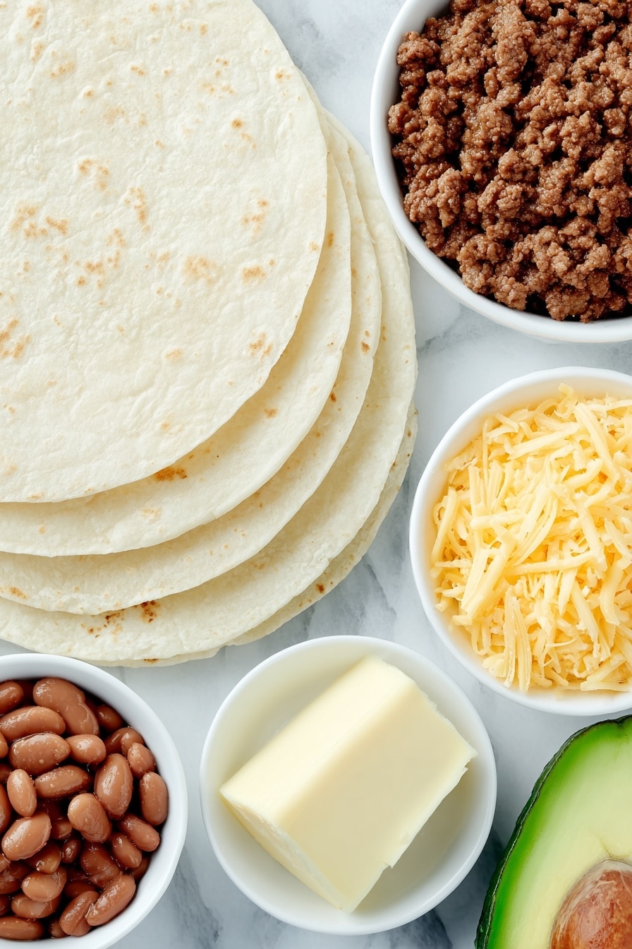Flat lay of a stack of four large burrito-size flour tortillas, a small white ceramic bowl filled with seasoned taco meat made from ground beef, a small white ceramic bowl of smooth refried beans, a small white ceramic bowl heaping with grated orange and white jack and cheddar cheese, one whole ripe avocado halved with one half showing the mashed green flesh, and a small white ceramic bowl holding a few tablespoons of golden salted butter, all ingredients fresh and natural, placed on a clean white marble surface, soft natural light, photo taken with an iPhone, professional food photography style, fresh ingredients, white ceramic bowls, no bottles, no duplicates, no utensils, no packaging --ar 2:3 --v 7 --p m7354615311229779997 - TikTok Taco Quesadillas, taco quesadillas recipe, viral quesadillas, easy taco quesadillas, fun appetizer ideas