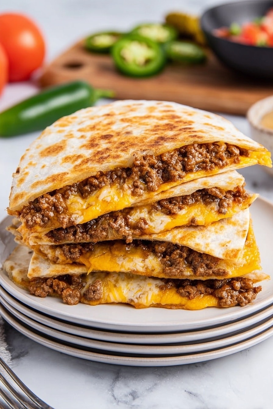 A stack of four folded quesadillas is shown, each made with a white tortilla that has a golden-browned, slightly crispy surface. Between each tortilla layer, there is a thick filling of cooked ground beef mixed with melted yellow and white cheese, creating a textured and rich middle layer. The quesadillas rest on a stack of white round plates. In the background, there is a blurred white marbled surface with scattered slices of green jalapeño and a red tomato, along with a black bowl and a wooden board. A silver fork sits in the lower corner. photo taken with an iphone --ar 2:3 --v 7 - TikTok Taco Quesadillas, taco quesadillas recipe, viral quesadillas, easy taco quesadillas, fun appetizer ideas