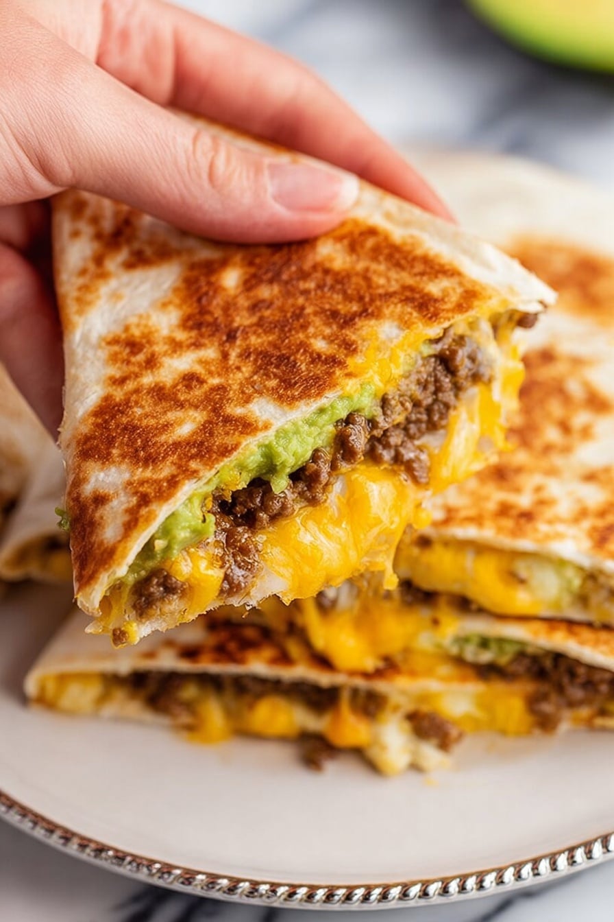 A close-up view shows a woman's hand breaking apart a golden brown quesadilla with a crispy toasted tortilla outside. Inside, there are four visible layers: a green layer of smooth guacamole near the top, a melted yellow cheddar cheese layer beneath it stretching slightly as it pulls apart, a thick layer of cooked ground beef with small bits of onion in the middle, and the soft white tortilla on the bottom. The background is a stack of similar quesadilla pieces on a white plate with silver trim. The whole scene sits on a white marbled surface. Photo taken with an iphone --ar 2:3 --v 7 - TikTok Taco Quesadillas, taco quesadillas recipe, viral quesadillas, easy taco quesadillas, fun appetizer ideas