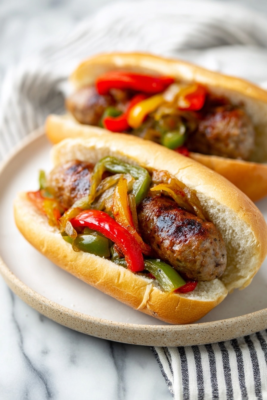 Two sandwich rolls are placed on a large white plate with a white marbled surface beneath. Each sandwich has a thick brown sausage inside a soft light brown bun, topped with cooked peppers and onions in red, green, and yellow colors. The sandwich in the front is sliced open, showing the sausage and colorful vegetable mix spilling slightly out of the bun. The sandwich in the back is whole, showing a glistening sausage and vegetables piled high. The plate is on a striped cloth. Photo taken with an iphone --ar 2:3 --v 7 - Italian Sausage and Peppers, Italian Sausage and Peppers recipe, Italian sausage and bell peppers, hearty Italian sausage dish, easy sausage and peppers meal