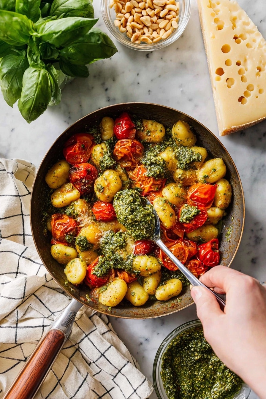A pan filled with soft, golden gnocchi mixed with bright red and orange cooked cherry tomatoes, all coated in a rich green pesto sauce, giving a coarse and fresh texture on top. A woman's hand is holding a spoon scooping some of the gnocchi and tomatoes with pesto. Around the pan, there is a large piece of pale yellow Parmesan cheese with small holes on a white marbled surface, a bunch of fresh green basil leaves, a bowl full of thick, chunky green pesto, and a small clear bowl with light brown pine nuts. A cream-colored cloth with black grid lines is under the pan. photo taken with an iphone --ar 2:3 --v 7 - Pesto Gnocchi with Cherry Tomatoes, easy pesto gnocchi dinner, cherry tomato pasta recipe, quick vegetarian pasta, flavorful gnocchi recipe