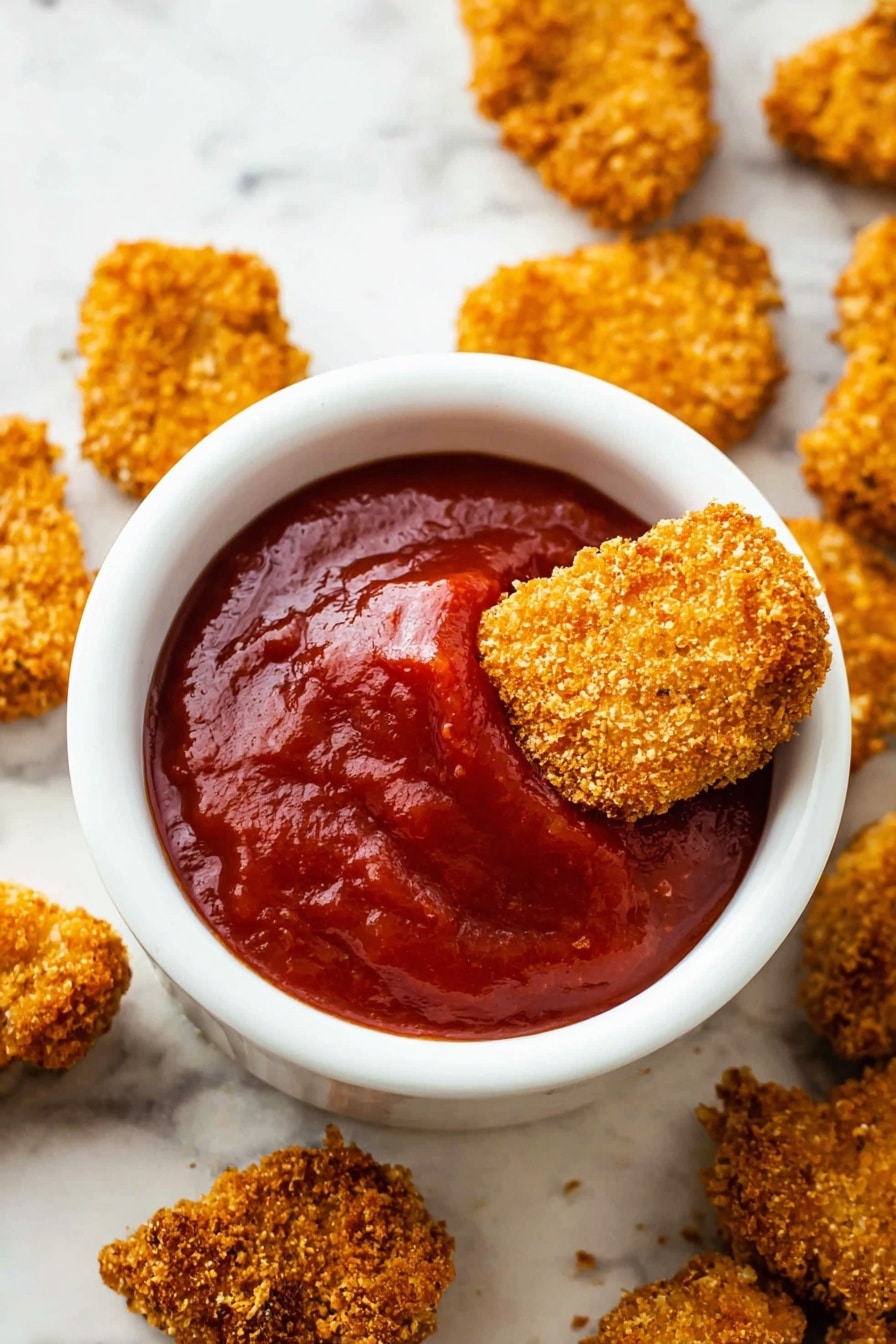 A white small bowl filled with thick red ketchup sits in the center, with a golden-brown crispy nugget partially dipped in the ketchup. Around the bowl, more golden-brown crispy nuggets lie scattered on a white marbled surface, showing their crunchy, textured coating. The overall color contrast is warm with the red ketchup and the brown nuggets against the white bowl and surface, creating a cozy snack scene. photo taken with an iphone --ar 2:3 --v 7 - Oven-Baked Chicken Nuggets, healthy chicken nuggets, crispy baked chicken bites, easy chicken snack, oven baked chicken tenders