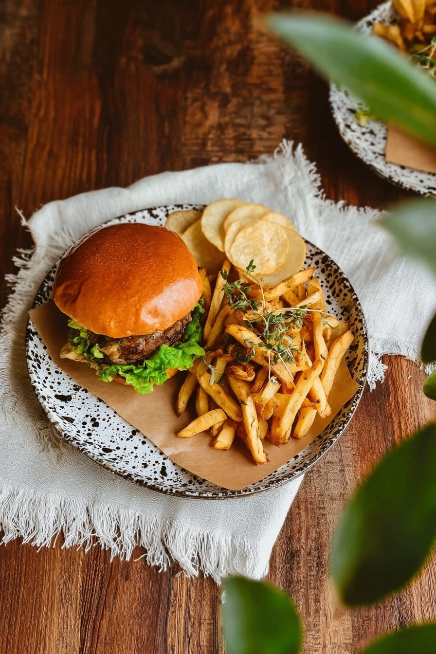 A white plate with black speckles holds a burger and a pile of thin golden fries. The burger has a soft, shiny, light brown bun on top, with green lettuce and a dark brown patty visible beneath. A few thin, round, light beige chips are placed next to the burger. The fries are sprinkled with green herbs and some light sauce, and they rest on a piece of crumpled brown paper on the plate. The plate sits on a white cloth with fringed edges, which is placed on a wooden table with a rich brown color and clear grain texture. At the edge of the image, green leaves are partly visible. Photo taken with an iphone --ar 2:3 --v 7 - Beef Tallow Fries with Furikake, crispy beef tallow fries, furikake seasoned fries, Hawaiian-inspired fries, savory fry recipes