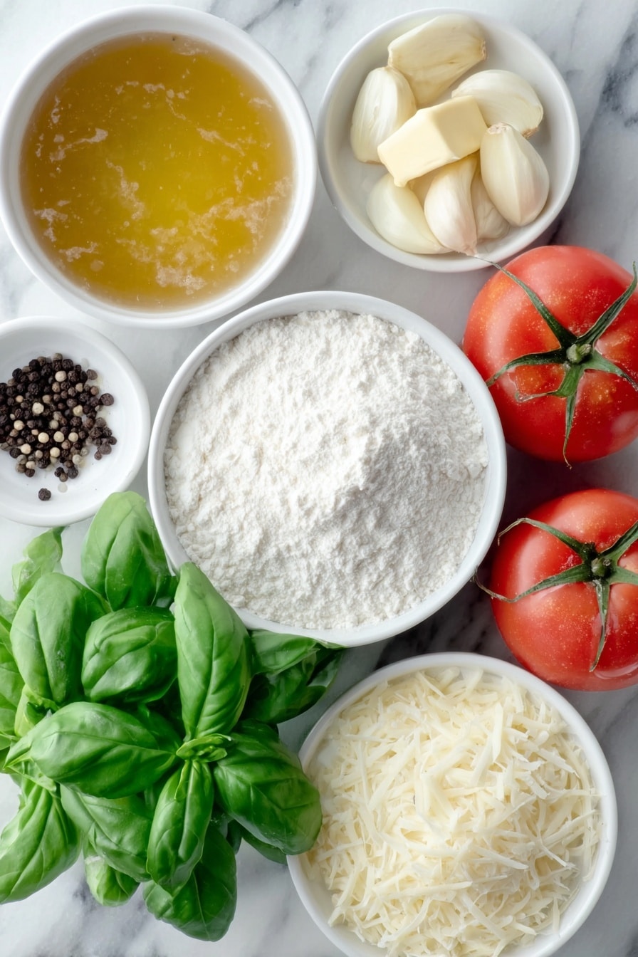 Flat lay of a few tablespoons of golden butter, one medium chopped onion, three peeled garlic cloves, a small white bowl of pale tapioca flour, a small white bowl of clear chicken stock, two whole plump San Marzano tomatoes with stems, a small pile of fresh bright green basil leaves, a small white bowl filled with grated creamy parmesan cheese, a small white bowl of thick heavy cream, scattered coarse kosher salt crystals, and freshly ground black peppercorns, all arranged with perfect symmetry on a clean white marble surface, soft natural light, photo taken with an iPhone, professional food photography style, fresh ingredients, white ceramic bowls, no bottles, no duplicates, no utensils, no packaging --ar 2:3 --v 7 --p m7354615311229779997 - Creamy Tomato Basil Soup with Parmesan, tomato basil soup recipe, homemade tomato soup, creamy vegetable soup, easy comfort food