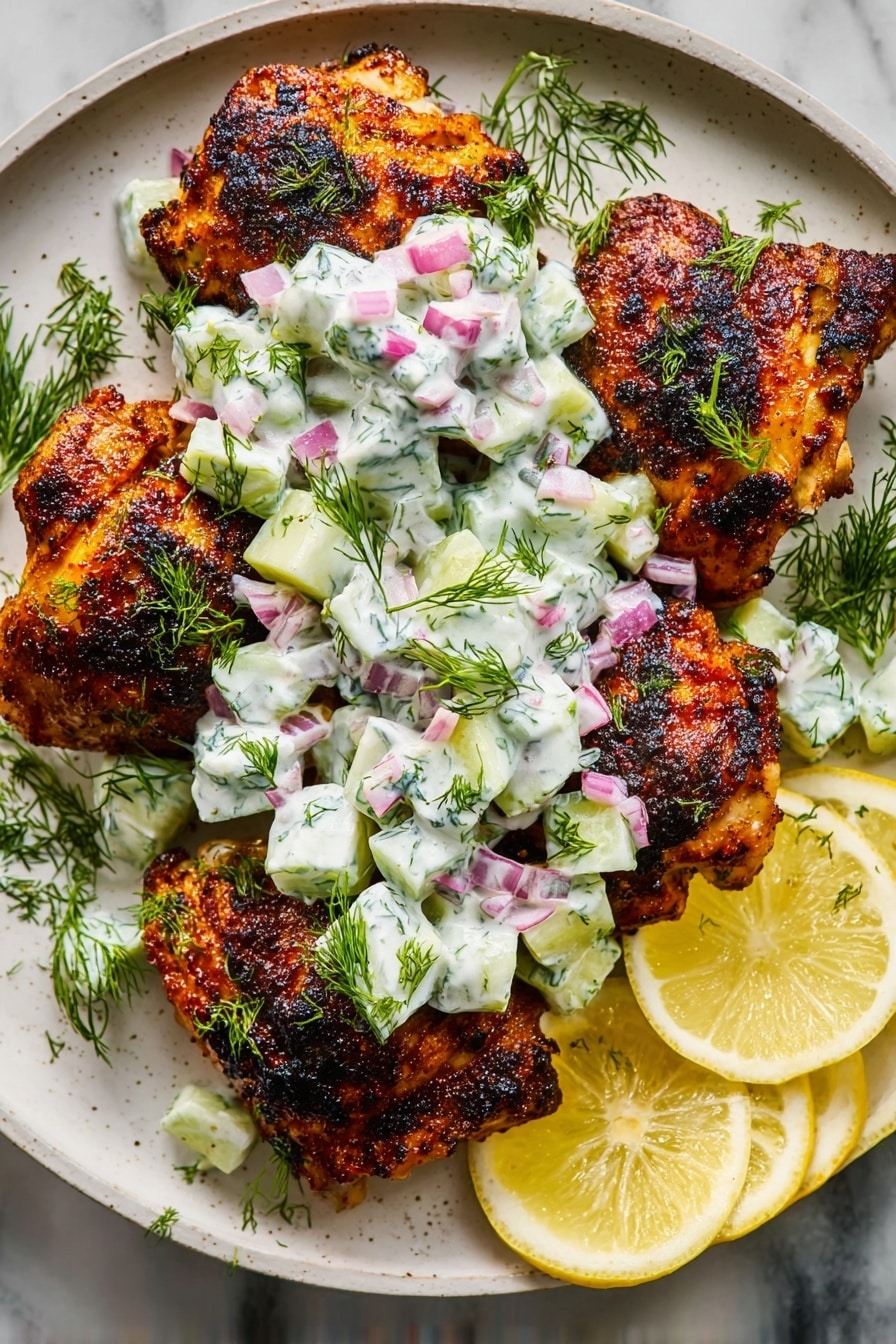 The image shows a light gray round plate on a white marbled surface, holding four pieces of golden brown grilled patties with slightly charred edges. Each patty is topped with a creamy pale green cucumber and herb sauce with small chunks and fresh dill sprigs scattered on and around the patties. To the left of the patties, three thin, bright yellow lemon slices are placed, showing their juicy texture. A metal spatula with a worn surface and long handle rests partly on the plate, lifting one patty slightly. The overall colors are warm browns, pale greens, and bright yellow against the soft gray plate and white marble background photo taken with an iphone --ar 2:3 --v 7 - Spicy Mediterranean Chicken with Creamy Cucumber Salad, Mediterranean chicken recipes, spicy chicken dinner, healthy cucumber salad, quick summer chicken dish