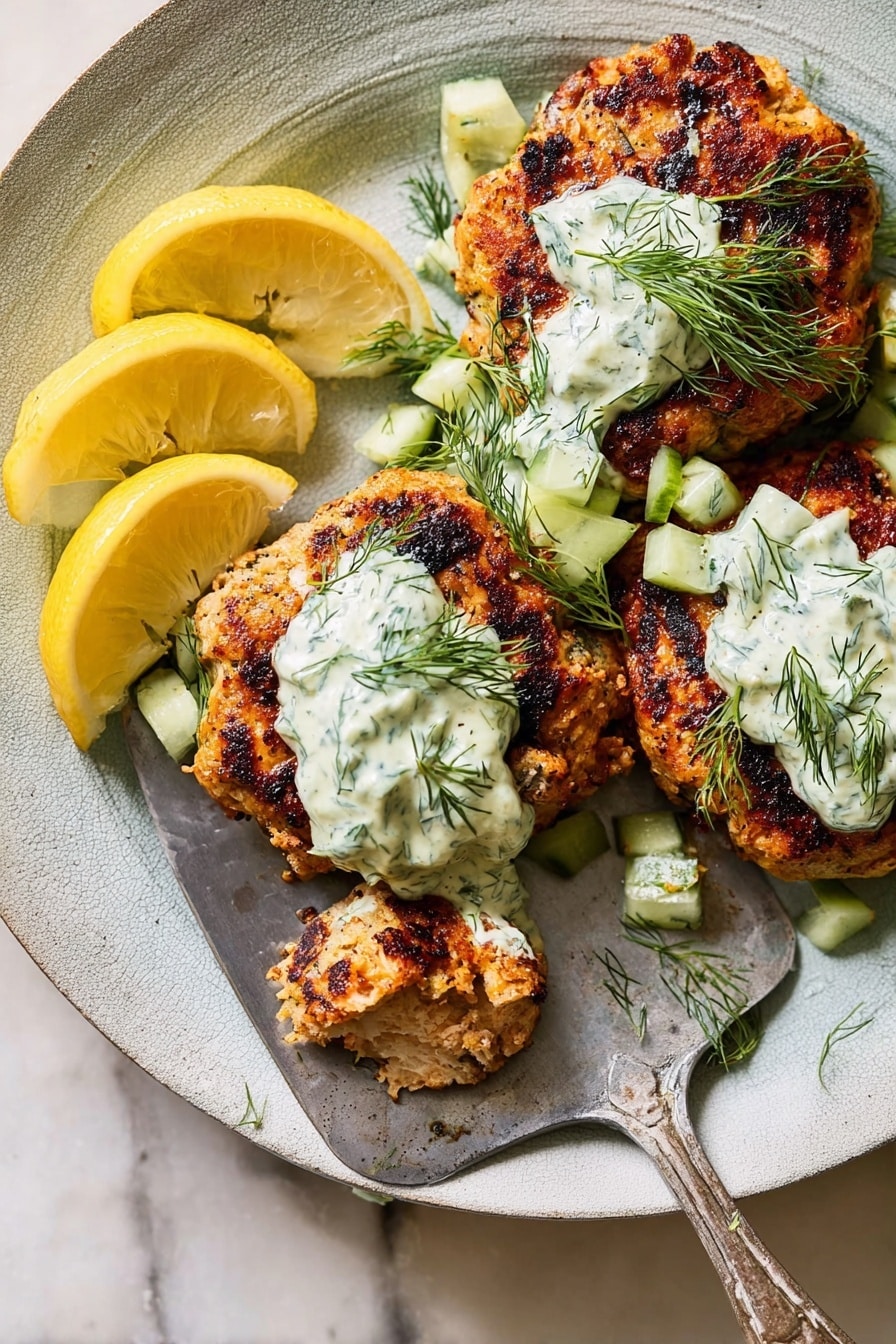 The dish shows five pieces of grilled chicken thighs with a charred, golden-brown crust, arranged on a white plate. Each piece is topped with a creamy cucumber salad made from diced cucumbers, finely chopped red onions, and fresh dill, all mixed with a white yogurt dressing. Around the chicken on the plate, there are sprigs of dill scattered lightly. On the right side of the plate, there are three lemon slices, placed overlapping each other. The background is a white marbled surface. photo taken with an iphone --ar 2:3 --v 7 - Spicy Mediterranean Chicken with Creamy Cucumber Salad, Mediterranean chicken recipes, spicy chicken dinner, healthy cucumber salad, quick summer chicken dish