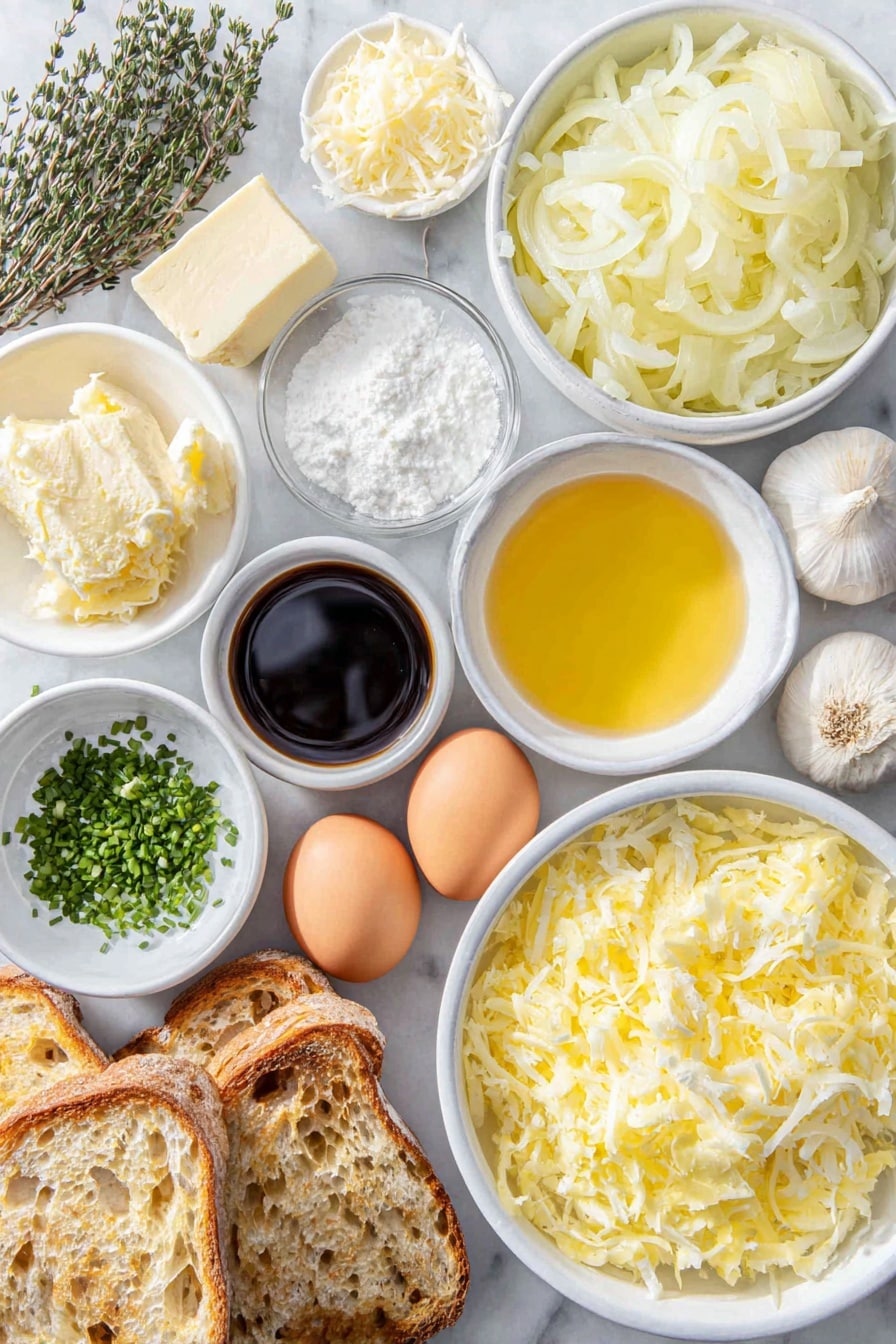 Flat lay of yellow onions sliced thinly, a small white ceramic bowl of unsalted butter, two whole brown eggs with clean shells, a small white ceramic bowl of dry sherry, a small white ceramic bowl of low-sodium chicken stock, two fresh sprigs of thyme, one fresh bay leaf, a small white ceramic bowl of Asian fish sauce, a small white ceramic bowl of cider vinegar, four slices of rustic toasted bread, one medium garlic clove, a small pile of grated Gruyère cheese, and a few sprigs of freshly minced chives, all arranged in perfect symmetry on a simple white ceramic surface, placed on a clean white marble surface, soft natural light, photo taken with an iPhone, professional food photography style, fresh ingredients, white ceramic bowls, no bottles, no duplicates, no utensils, no packaging --ar 2:3 --v 7 --p m7354615311229779997 - French Onion Soup with Gruyère Cheese, easy French onion soup, homemade French onion soup, caramelized onion soup, cheesy French onion soup