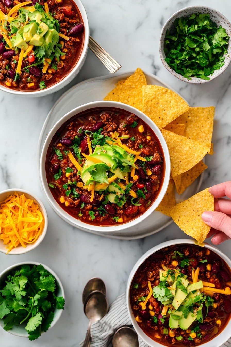 Three white bowls filled with chili are placed on a white marbled surface. Each bowl contains a rich dark red chili base with visible layers of dark red kidney beans, yellow corn kernels, small chunks of brown meat, and red bell pepper pieces. On top of the chili, there are bright green cilantro leaves scattered along with thin slices of light green avocado and shredded yellow cheddar cheese. One bowl is set on a white plate and surrounded by several thick, pale yellow tortilla chips that are both in the bowl and leaning on the side. A woman's hand holding a tortilla chip is visible in the top bowl. Around the bowls, there are small bowls filled with cilantro leaves, shredded cheddar cheese, and avocado slices. The overall look is colorful and fresh with a mix of soft, crunchy, and leafy textures. photo taken with an iphone --ar 2:3 --v 7 - Healthy Ground Turkey Chili, healthy chili recipe, turkey chili, nutritious chili, easy healthy dinner