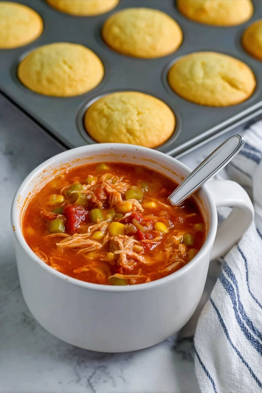 A white cup filled with thick red tomato soup with visible pieces of shredded meat, corn kernels, and sliced broad beans. The soup is rich and chunky, with a silver spoon that has a white handle resting inside the cup. Behind the cup, there is a dark muffin tin holding six small golden cornbread muffins. On the right side, a blue and white striped cloth is partly visible. The whole scene is set on a white marbled surface. photo taken with an iphone --ar 2:3 --v 7 - Easy Smoky Brunswick Stew with Pulled Pork, smoky Brunswick stew, hearty pulled pork stew, quick southern stew recipe, comforting smoked pork dish