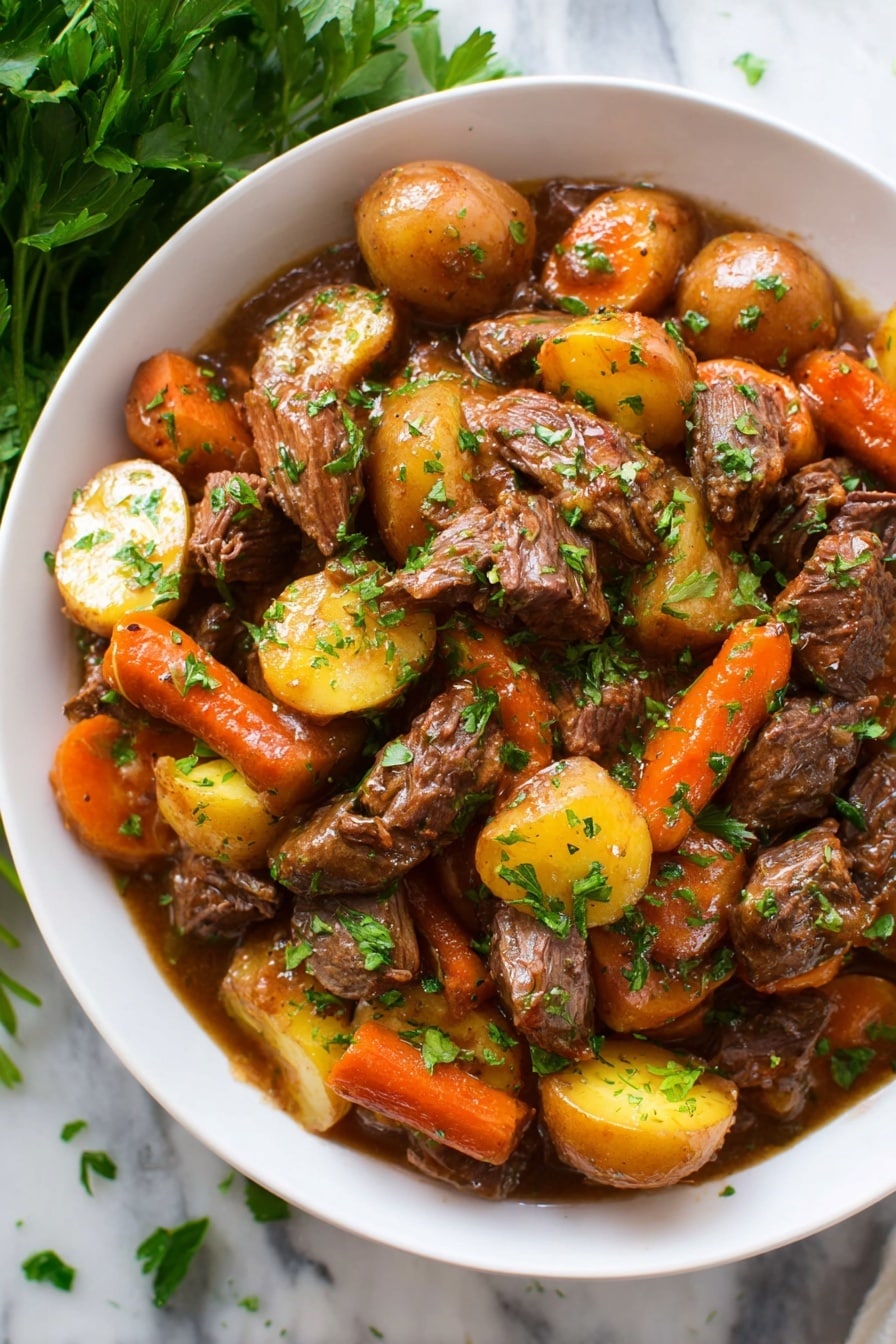 A white bowl filled with a hearty stew made of layers of chunky pieces of tender brown meat, round golden-yellow potatoes cut into halves, and thick orange carrot pieces. The ingredients are coated in a glossy brown sauce, and small green parsley leaves are sprinkled on top and around the dish for color. The bowl sits on a white marbled surface, with a bunch of fresh parsley placed beside it, partially visible in the corner. The scene is well-lit and the textures of the meat, vegetables, and sauce are clear and inviting photo taken with an iphone --ar 2:3 --v 7 - Slow Cooker Pot Roast, slow cooker pot roast recipe, easy pot roast, hearty beef stew, comfort food recipes