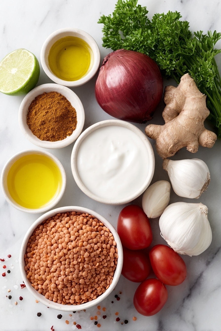 Flat lay of a small mound of dry red lentils, a whole red onion with glossy skin, three whole garlic cloves with smooth white papery skins, a small piece of fresh ginger root with knobby beige skin, a small white ceramic bowl filled with golden coconut oil, a small white ceramic bowl holding bright red curry paste, a small white ceramic bowl containing warm brown garam masala powder, a small white ceramic bowl with vibrant yellow curry powder, a small white ceramic bowl of fine sea salt crystals, a small white ceramic bowl with ground black pepper, a small fresh lime whole and uncut, a cluster of ripe fresh tomatoes with shiny red skins, a small white ceramic bowl filled with creamy white coconut milk, fresh green parsley sprigs, and a few red pepper flakes scattered artfully, all arranged with perfect symmetry on a clean white marble surface, soft natural light, photo taken with an iPhone, professional food photography style, fresh ingredients, white ceramic bowls, no bottles, no duplicates, no utensils, no packaging --ar 2:3 --v 7 --p m7354615311229779997 - Vegan Red Lentil Curry, plant-based lentil curry, healthy vegan curry, easy vegan dinner, flavorful lentil stew