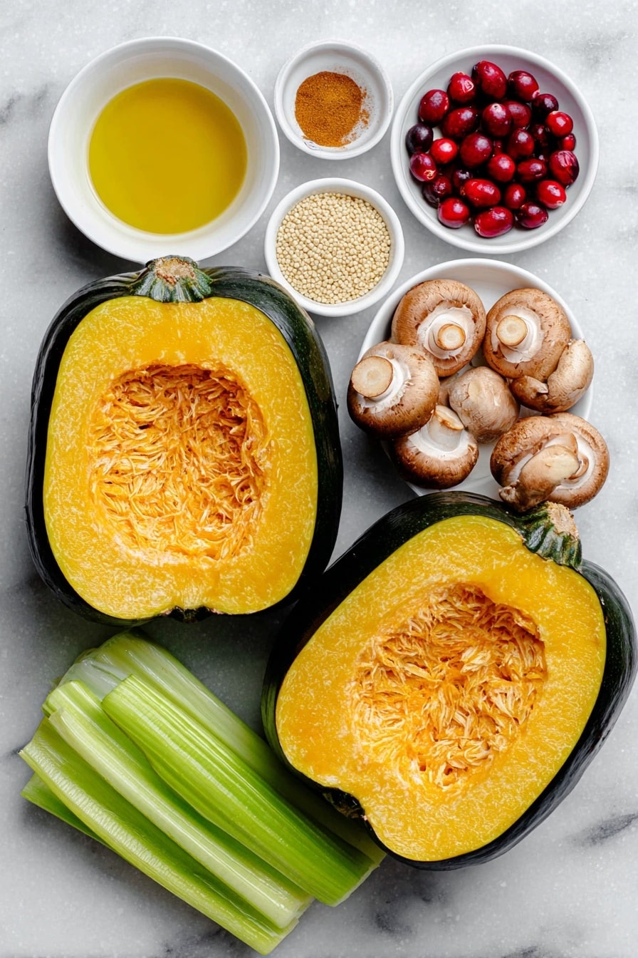 Flat lay of three medium-sized halved acorn squash with smooth, vibrant orange flesh and deep green skin, a small mound of dry white quinoa grains, a small white bowl filled with golden olive oil, a small white bowl of clear vegetable broth, one small yellow onion with papery skin, one fresh bright green celery stalk, one crisp red apple diced, a cluster of cremini mushrooms with light brown caps, a small handful of plump fresh red cranberries, three whole uncracked garlic cloves with white papery skins, small sprigs of fresh green sage and thyme, a small white bowl holding warm brown cinnamon powder, a small white bowl of coarse Himalayan pink salt, fresh cracked black pepper sprinkled lightly on the surface, and a small white bowl with amber pure maple syrup placed on a clean white marble surface, soft natural light, photo taken with an iPhone, professional food photography style, fresh ingredients, white ceramic bowls, no bottles, no duplicates, no utensils, no packaging --ar 2:3 --v 7 --p m7354615311229779997 - Quinoa Stuffed Acorn Squash, healthy stuffed acorn squash, fall vegetable recipes, nutritious vegan dinner ideas, cozy squash recipes