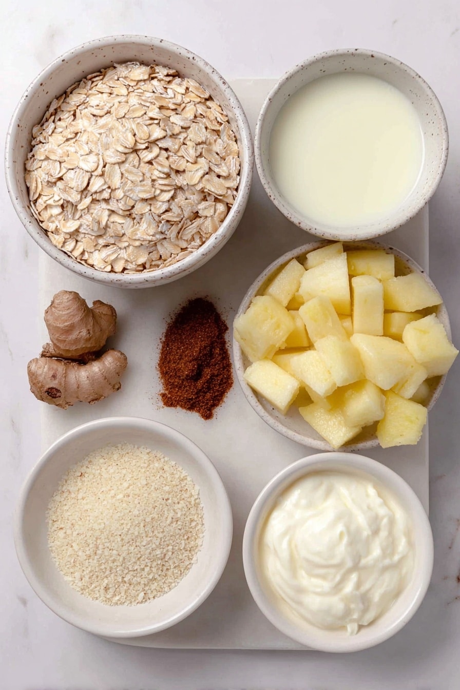 Flat lay of old fashioned rolled oats in a small white ceramic bowl, a small white bowl with ground cinnamon powder, tiny piles of ground ginger, ground cloves, and kosher salt arranged separately on the marble, half a medium honeycrisp apple diced with skin on, a small white ceramic bowl with unsweetened vanilla almond milk, a small white bowl holding pure maple syrup, a small mound of plain non-fat Greek yogurt on a white plate, and a small white bowl with ground flaxseed meal, all placed on a clean white marble surface, soft natural light, photo taken with an iPhone, professional food photography style, fresh ingredients, white ceramic bowls, no bottles, no duplicates, no utensils, no packaging --ar 2:3 --v 7 --p m7354615311229779997 - Apple Cinnamon Overnight Oats, healthy overnight oats recipes, easy breakfast ideas, no-fuss healthy breakfast, cozy oatmeal recipes