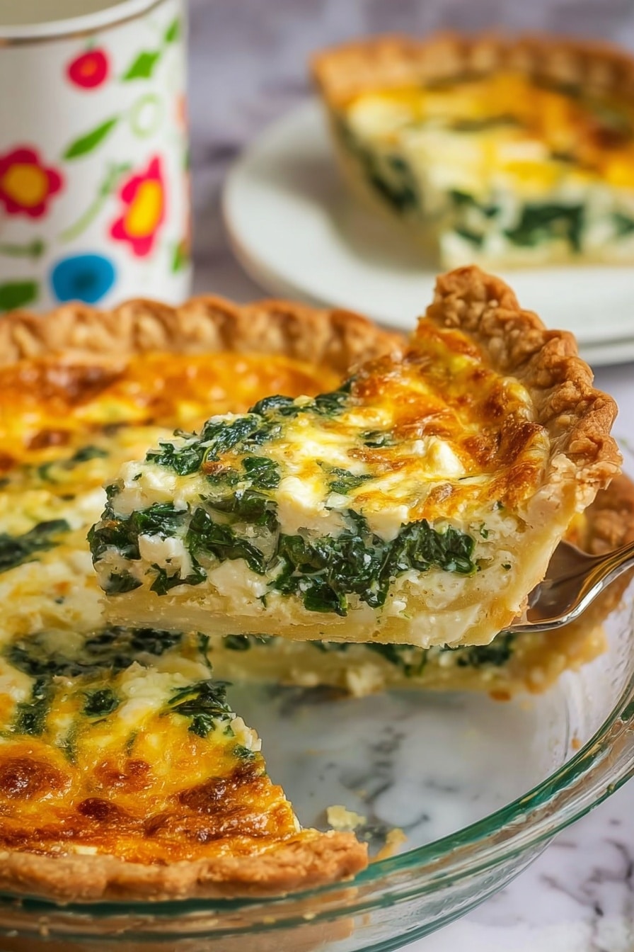 The image shows a slice of quiche being lifted from a clear glass pie dish. The quiche has a golden-brown, flaky crust around the edges. Inside, there are three visible layers: the bottom layer is a pale yellow egg base, the middle layer consists of dark green spinach evenly spread, and the top layer has melted cheese with golden brown spots. The slice reveals a soft, creamy texture with the spinach mixed well throughout. In the background, there is a white plate with another quiche slice on it, and behind that, a white container with colorful floral patterns. The surface underneath is a white marbled texture. Photo taken with an iphone --ar 2:3 --v 7 - Spinach Feta Quiche, savory spinach and feta quiche, easy brunch quiche, homemade vegetable quiche, flaky crust quiche
